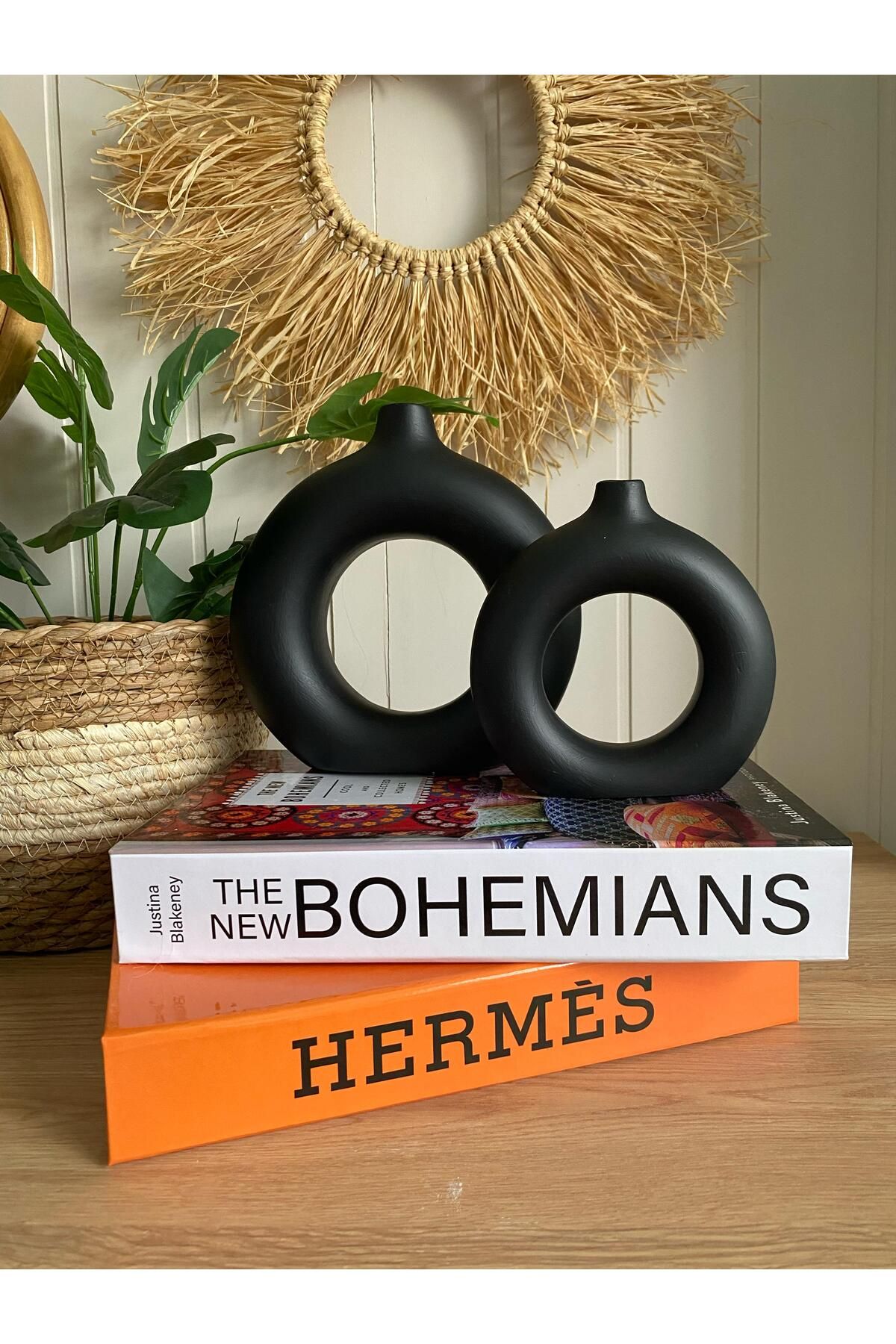 Porselian Bohem Halka 2li Vazo Set (BÜYÜK 18X18CM, KÜÇÜK 14X13,5CM)