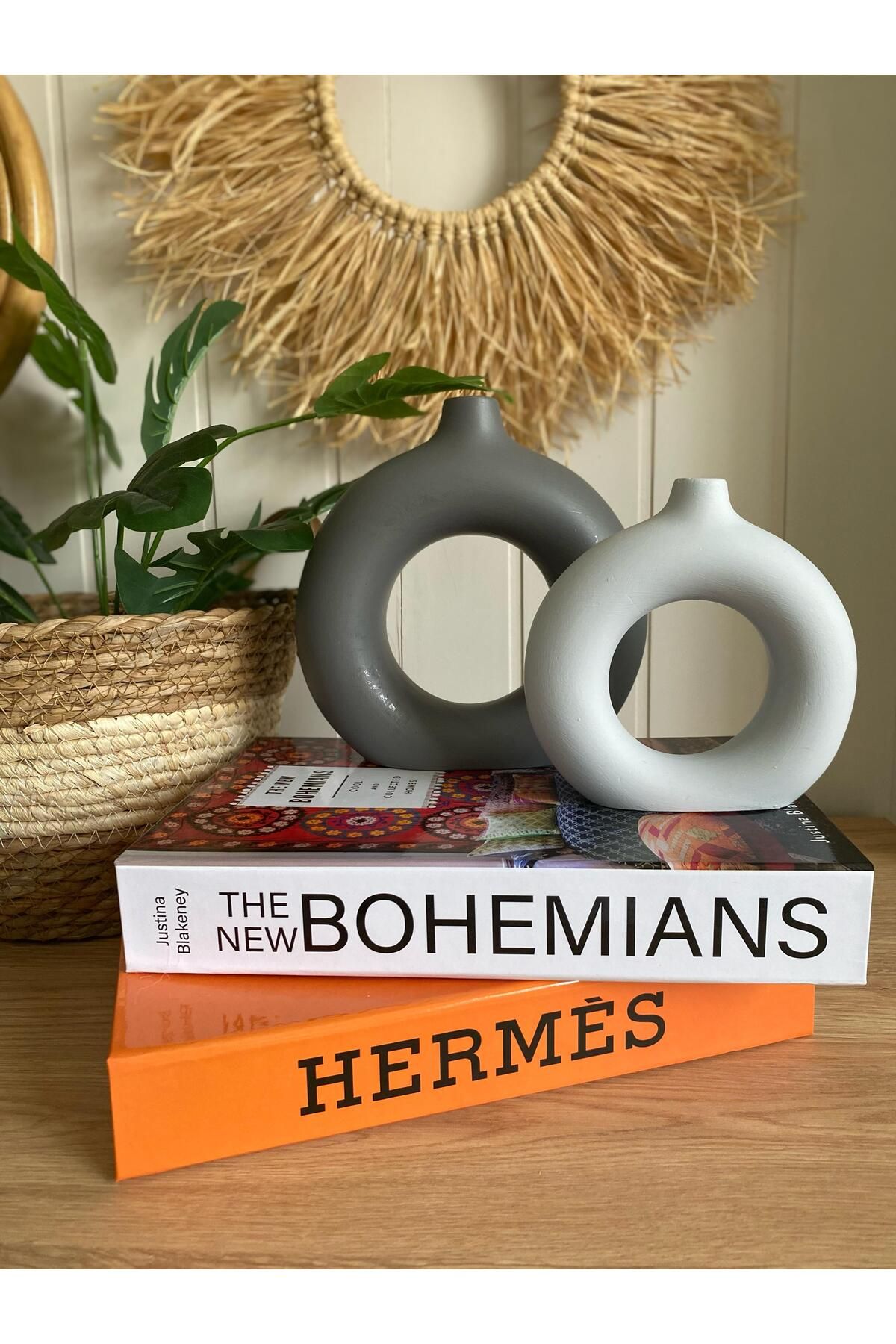 Porselian Bohem Halka 2li Vazo Set (BÜYÜK 18X18CM, KÜÇÜK 14X13,5CM)