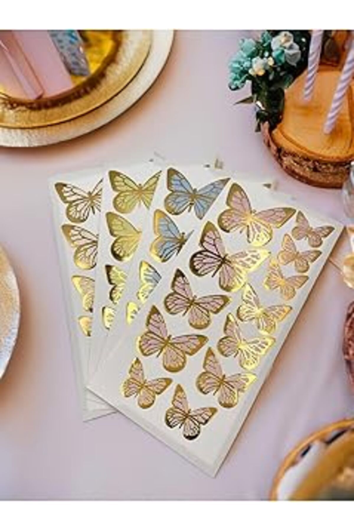 Pazarcan Artikel Gold Yaldızlı Soft Renkli Kelebek Parti Süsü, Dekorasyon Ve Balon Süsleme 48 Adet