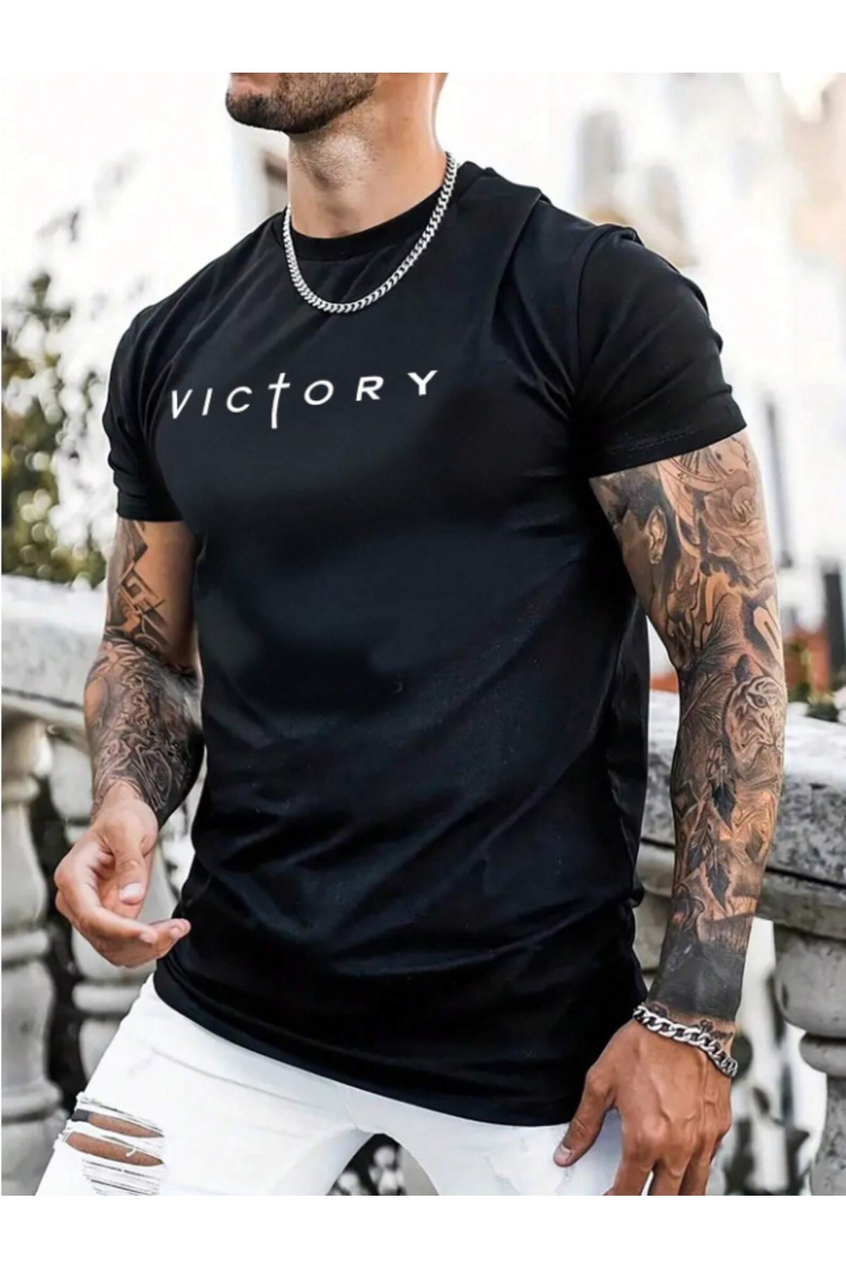 Framgan Erkek VİCTORY 'ZAFER' Özel Baskılı Günlük Kısa Kol Bisiklet Yaka Pamuklu T-Shirt
