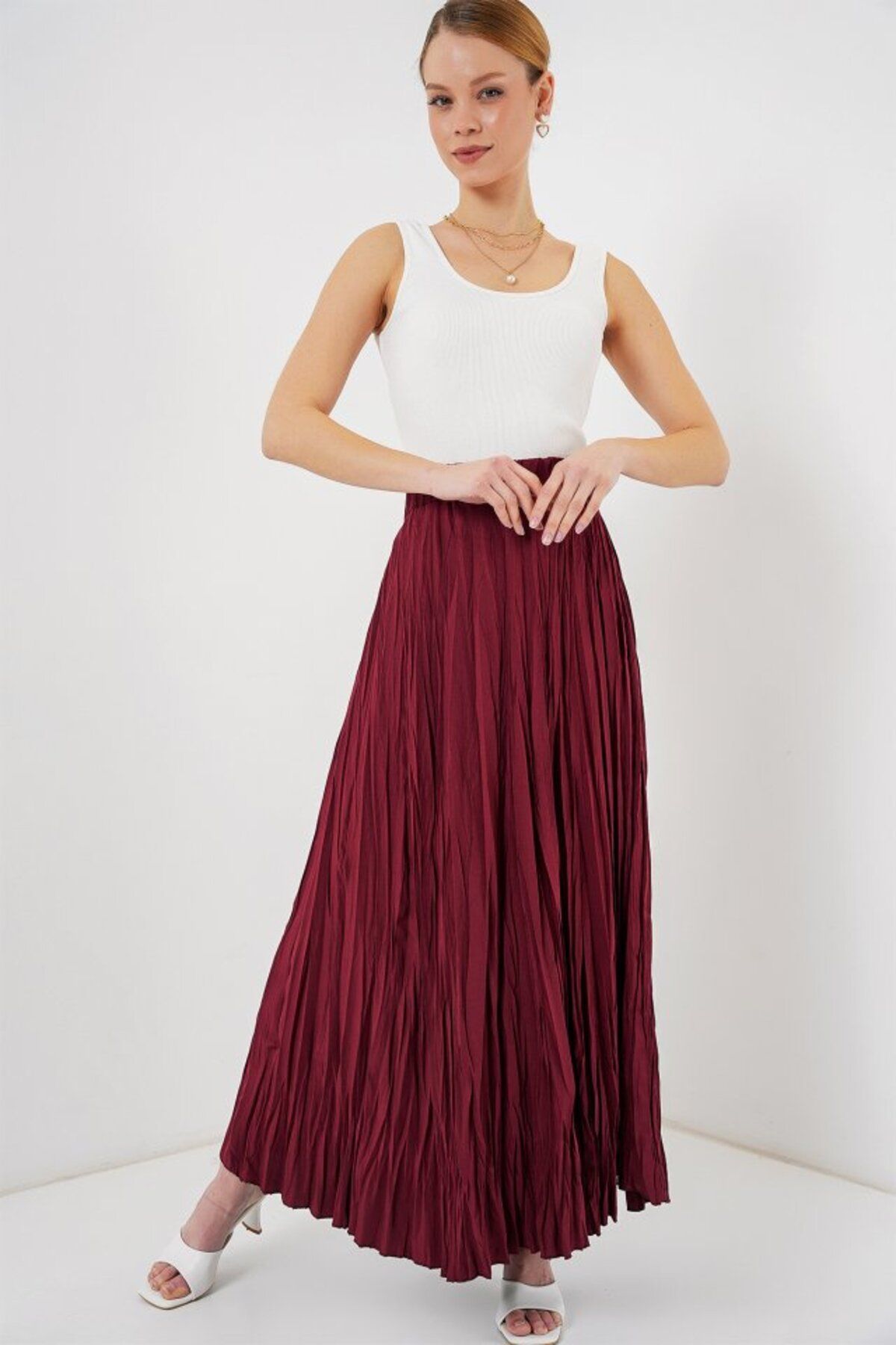 ETİLER COLLECTION Uzun Kırışık Etek 8042 - Bordo