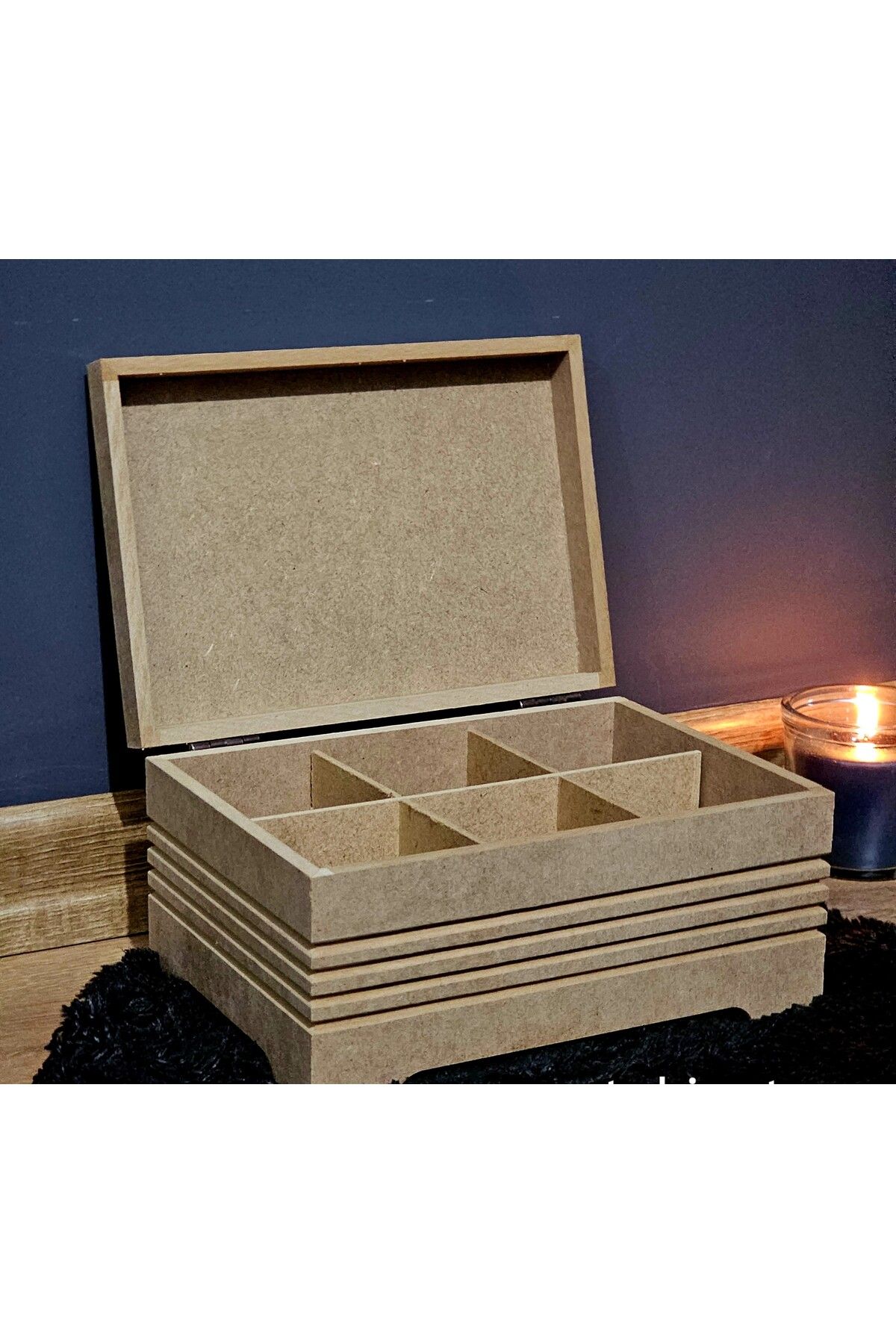 Tekir Store evinizi güzelleştirin Ahşap 6 Bölmeli Takı Saat Aksesuar Kutusu Fitilli Model Ham Hobi Boyama Mdf