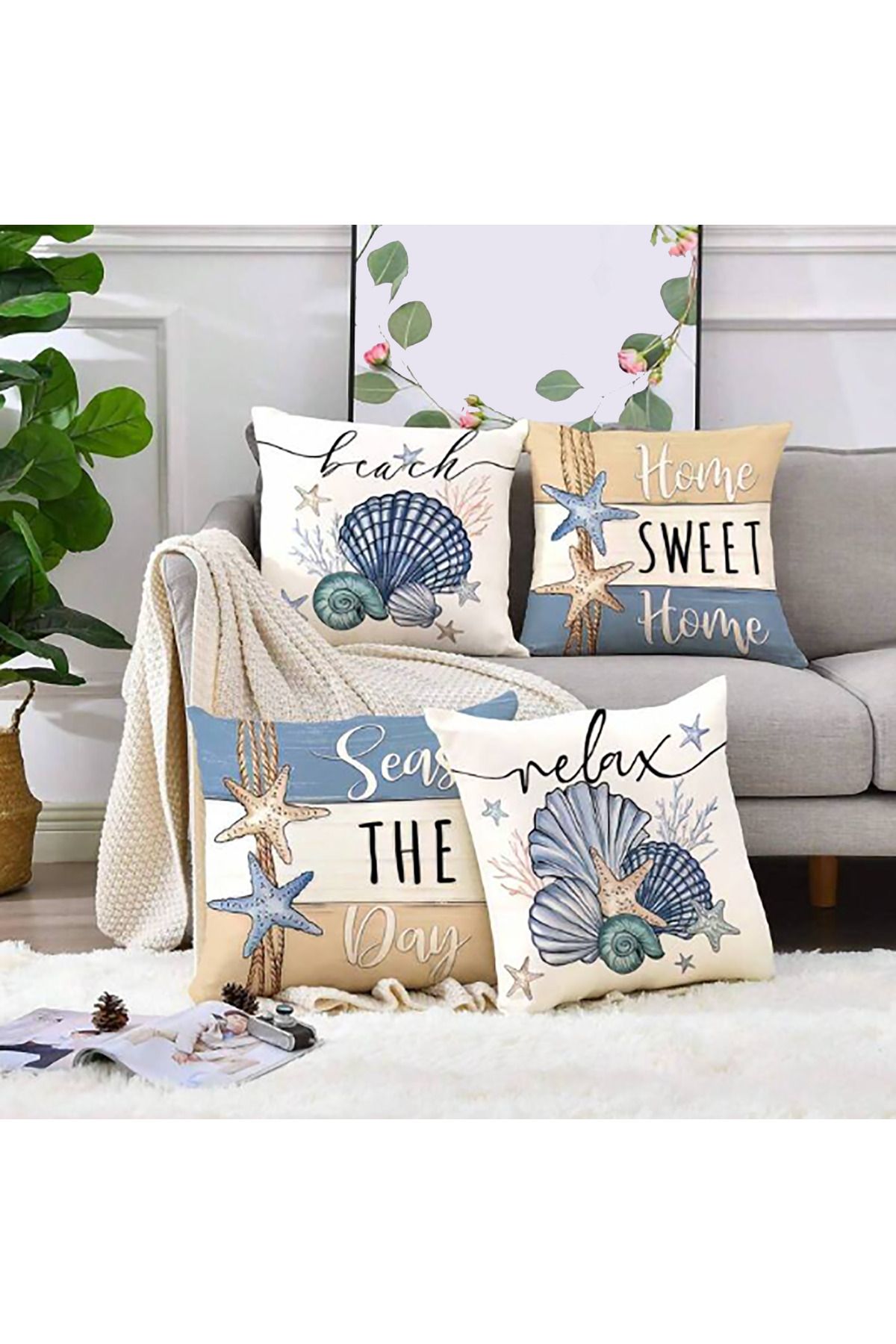 Sister Home Design Yaz Modası Deniz Kabukları Okyanus Temalı Tropikal Runner Mevsimlik , 4lü Kırlent Kılıfı No:457