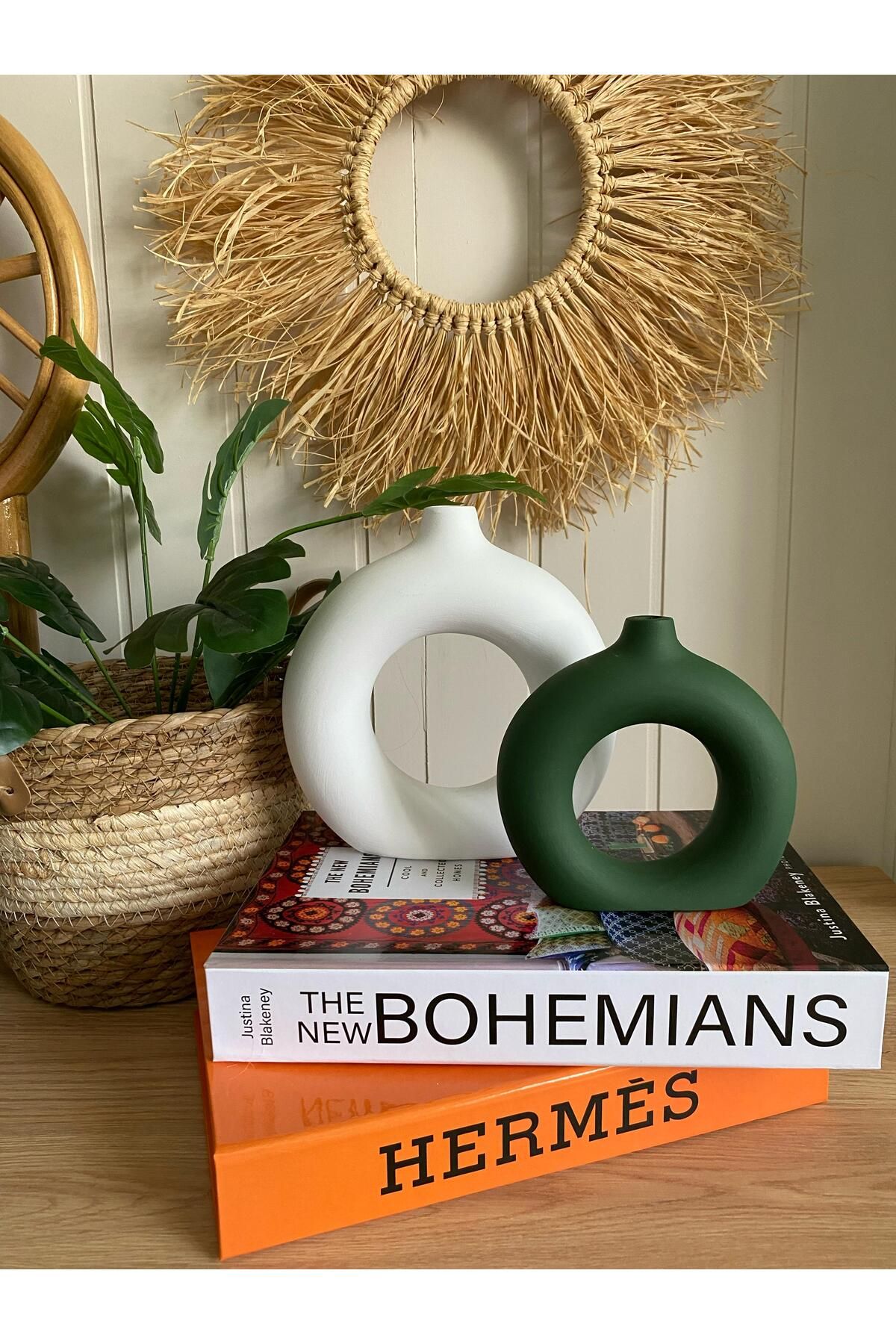 Porselian Bohem Halka 2li Vazo Set (BÜYÜK 18X18CM, KÜÇÜK 14X13,5CM)