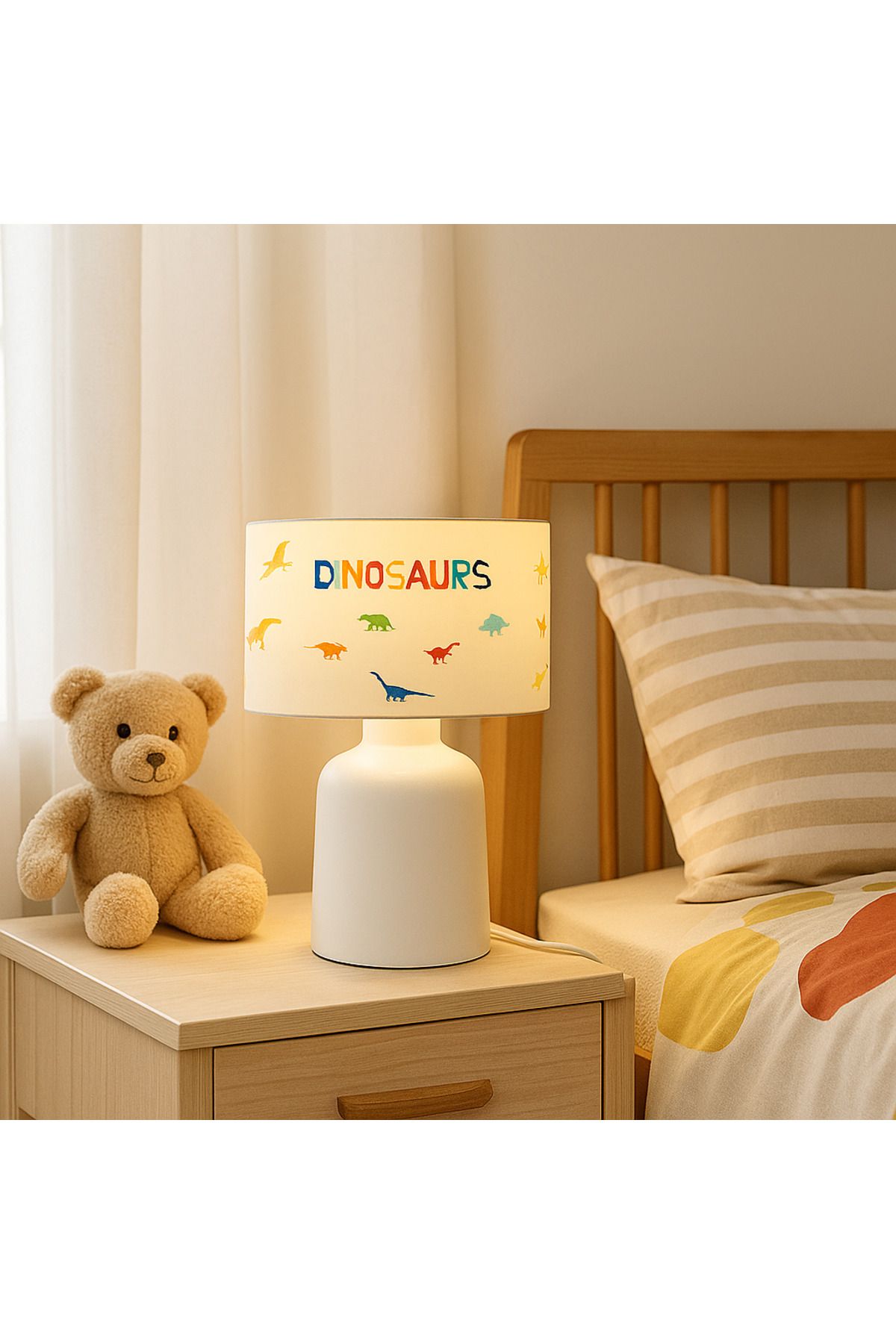 HOMELL Dinazor Desen Kumaş Abajur | Çocuk Odası Dekoratif Gece Lambası | Sevimli Masa Lambası Modeli