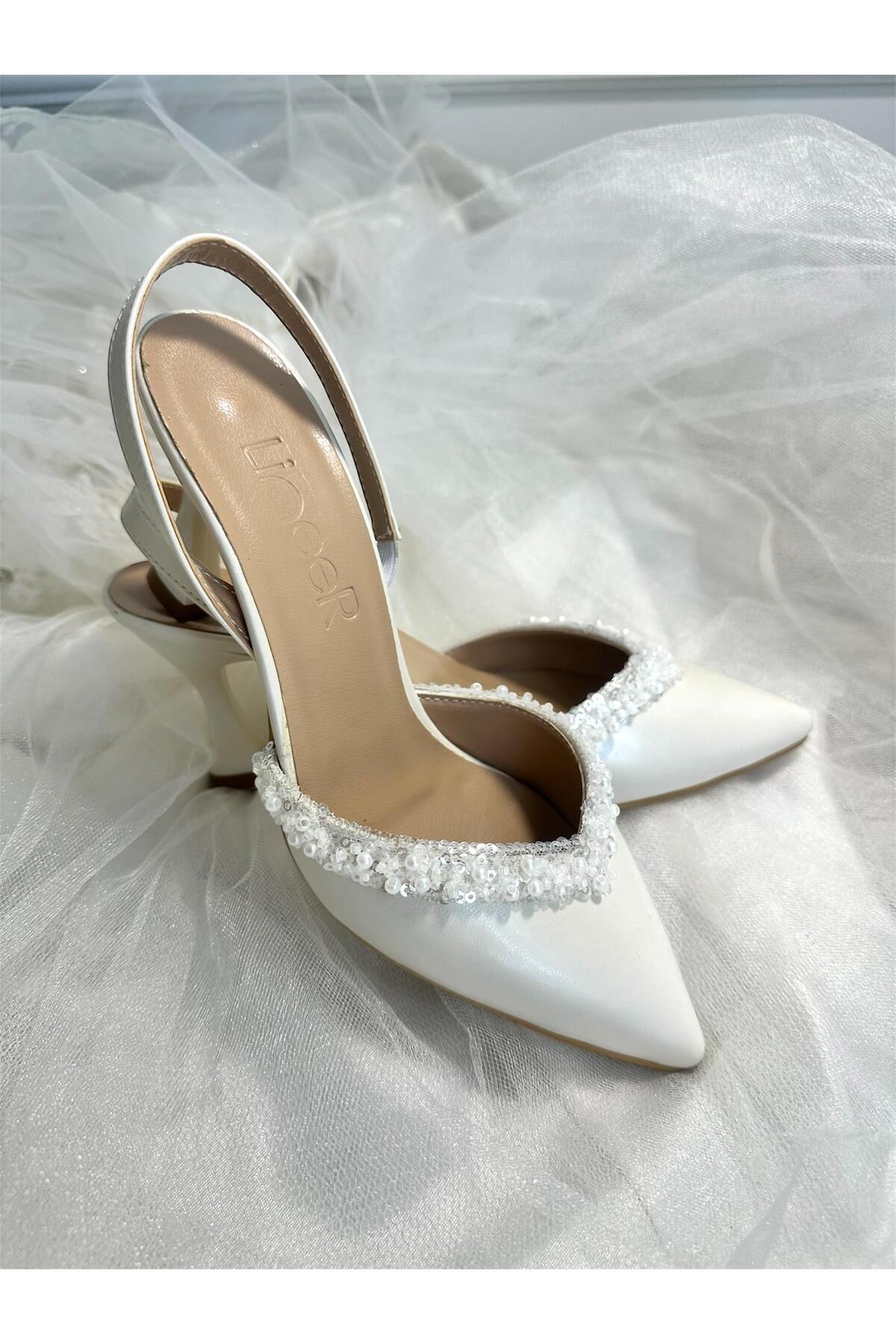 LİNEER Kadın Kırık Beyaz Rahat 7 Cm Kadeh Topuklu Boncuk İşlemeli Stiletto Gelin Ayakkabısı