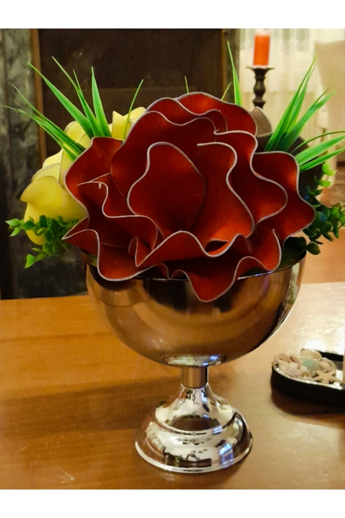 Hatem dekor flower Yapay çiçek lateks latex gümüş renk metal vazoda yapay çiçek aranjman hediye ve dekoratif eşya