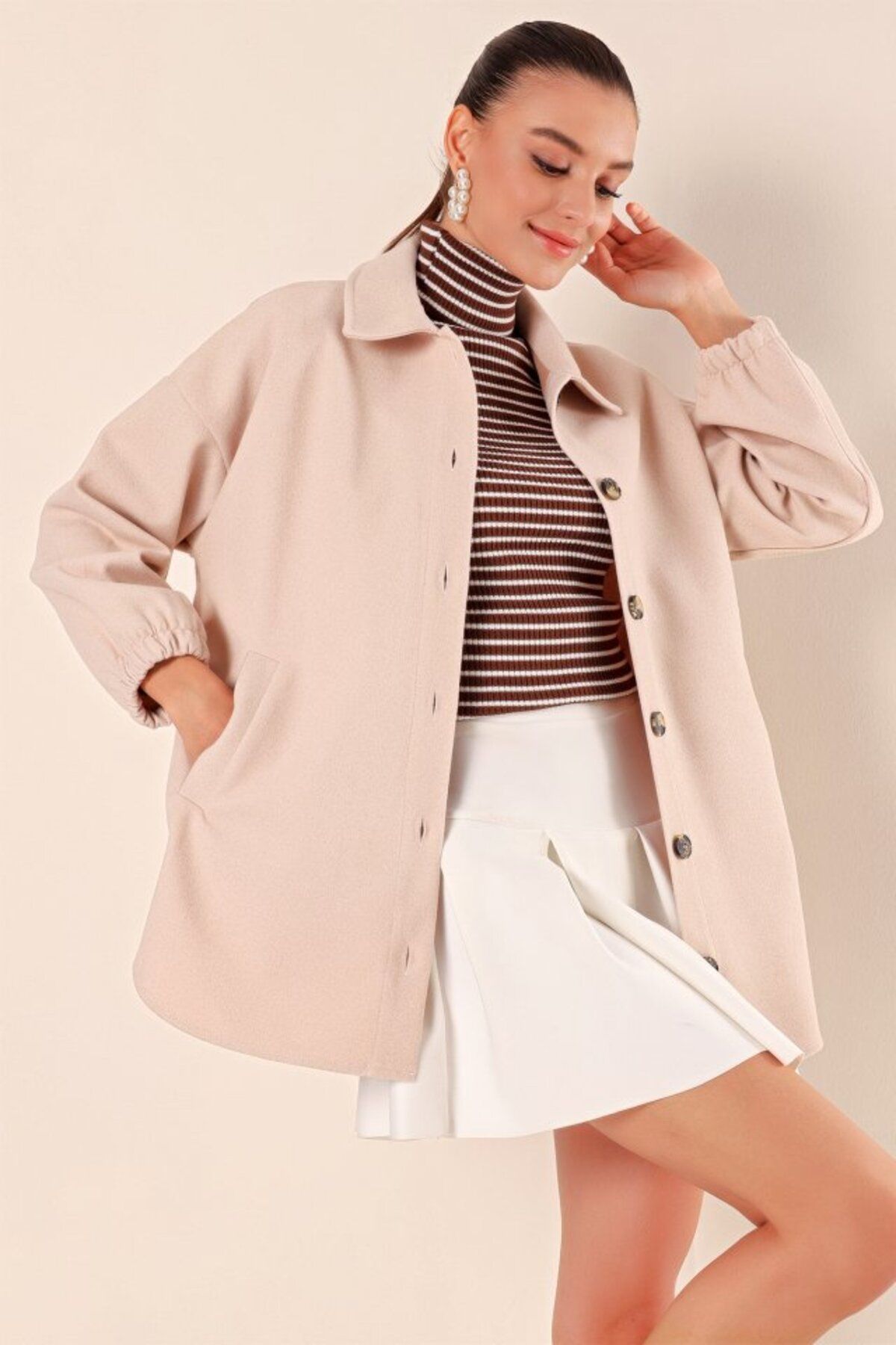 ETİLER COLLECTION 0674 Cepli Oversize Gömlek - Vizon