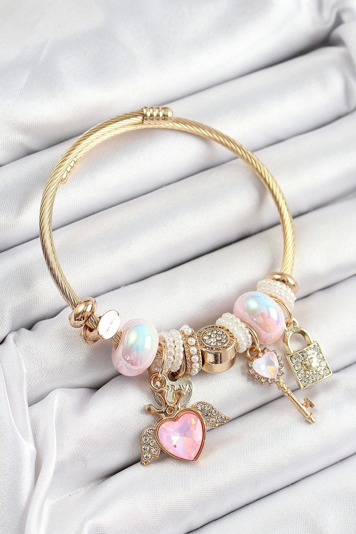 shopwave 316L Çelik Pembe Zirkon Taşlı Kilit Anahtar Ve Kalp Model Gold Renk Charm BileklikCharm Bileklik
