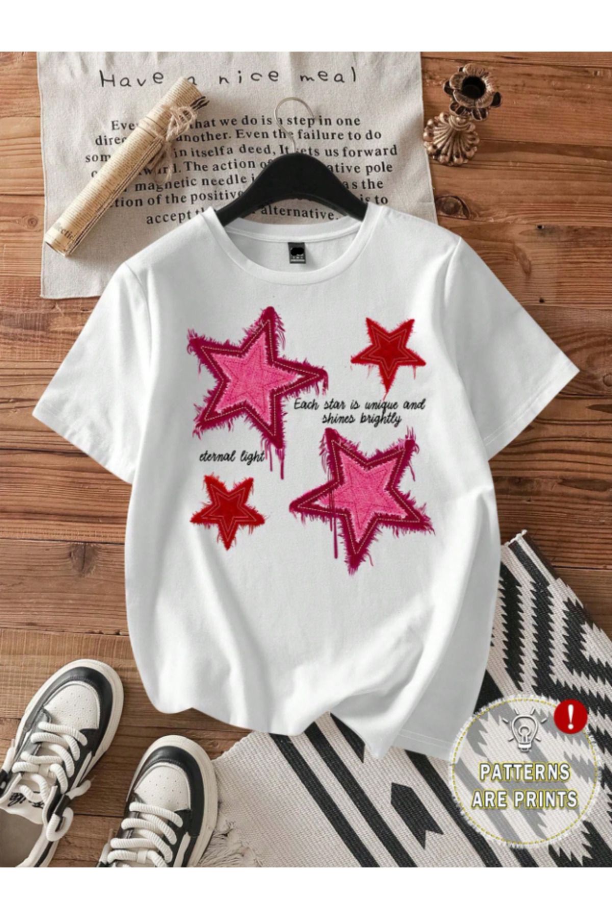 Framgan Kadın/Erkek YILDIZ Özel Baskılı Günlük Kısa Kol Bisiklet Yaka Pamuklu T-Shirt