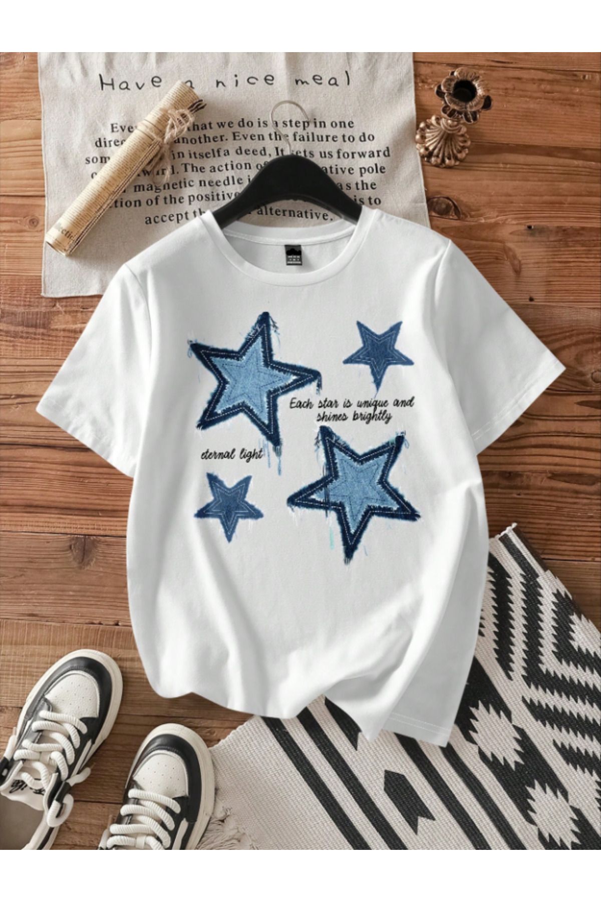 Framgan Kadın/Erkek YILDIZ Özel Baskılı Günlük Kısa Kol Bisiklet Yaka Pamuklu T-Shirt