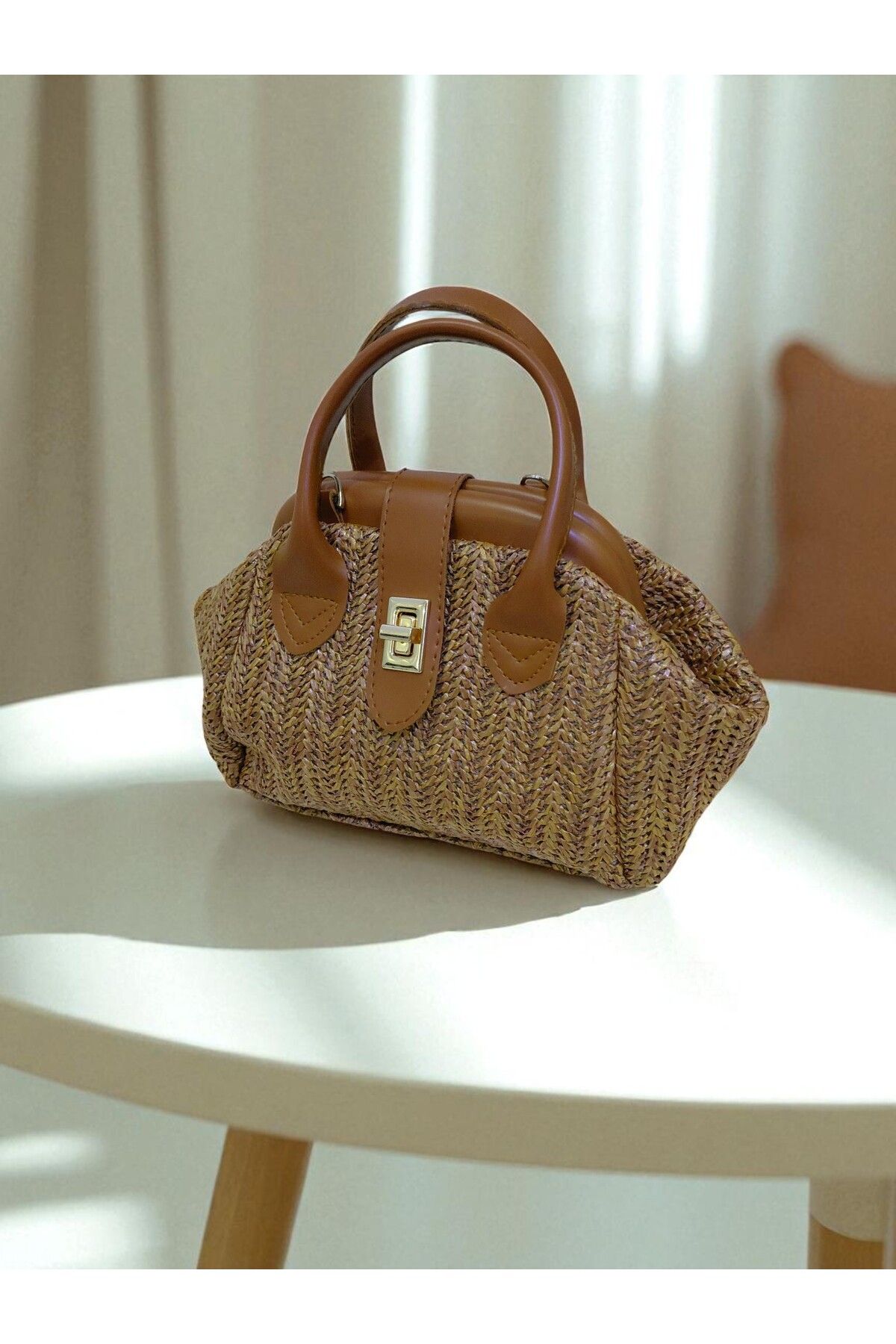TUBAG SHOP HASIR BURS KAPAMA DERİ DETAYLI TOKA KAPAMA KADIN EL VE OMUZ ÇANTASI
