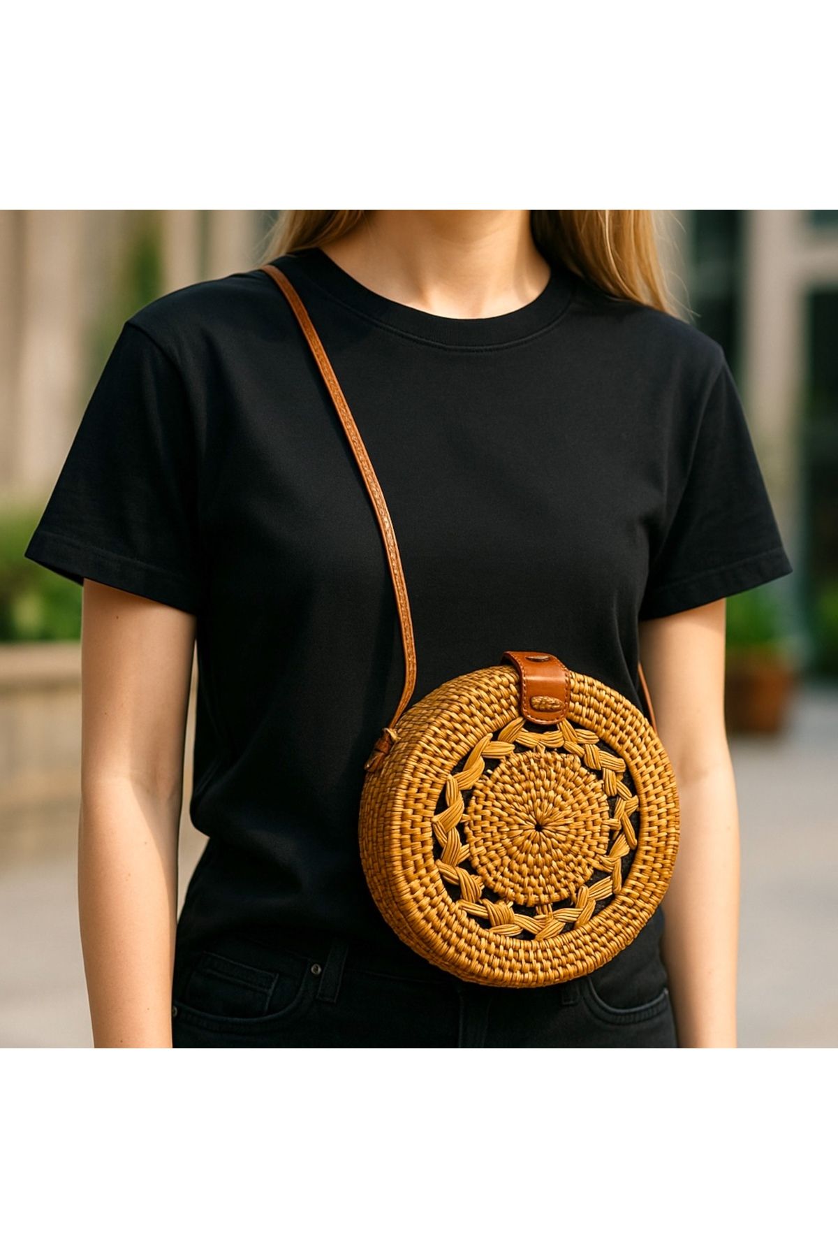 bohoostudio Hasır Çanta – Doğal Rattan Çapraz Askılı-El Yapımı Rattan Çanta-Dokuma Yaz Çantası – Plaj Çantası