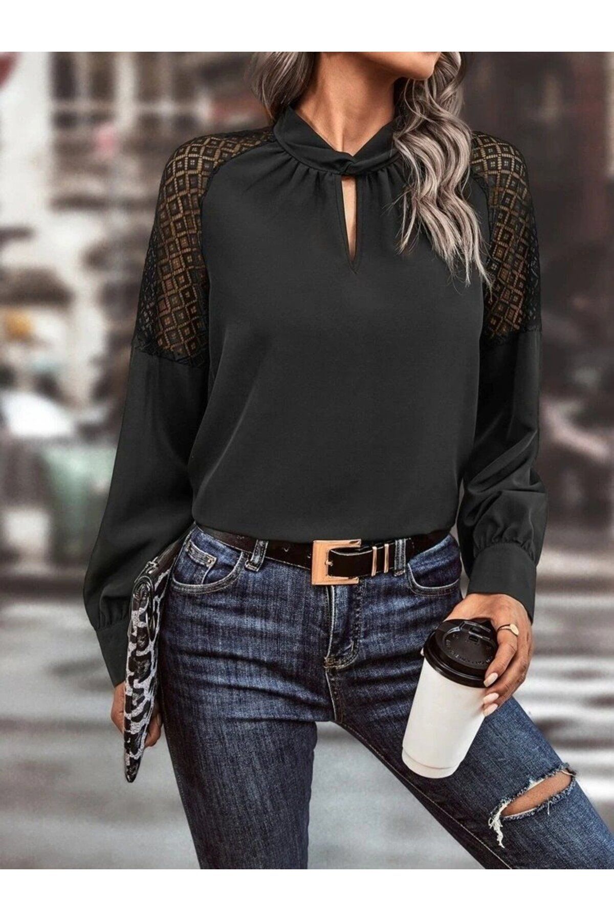 ETİLER COLLECTION Kadın Uzun Kollu Anahtar Deliği Yaka Reglan Kol Dantel Detaylı Ithal Krep Bluz