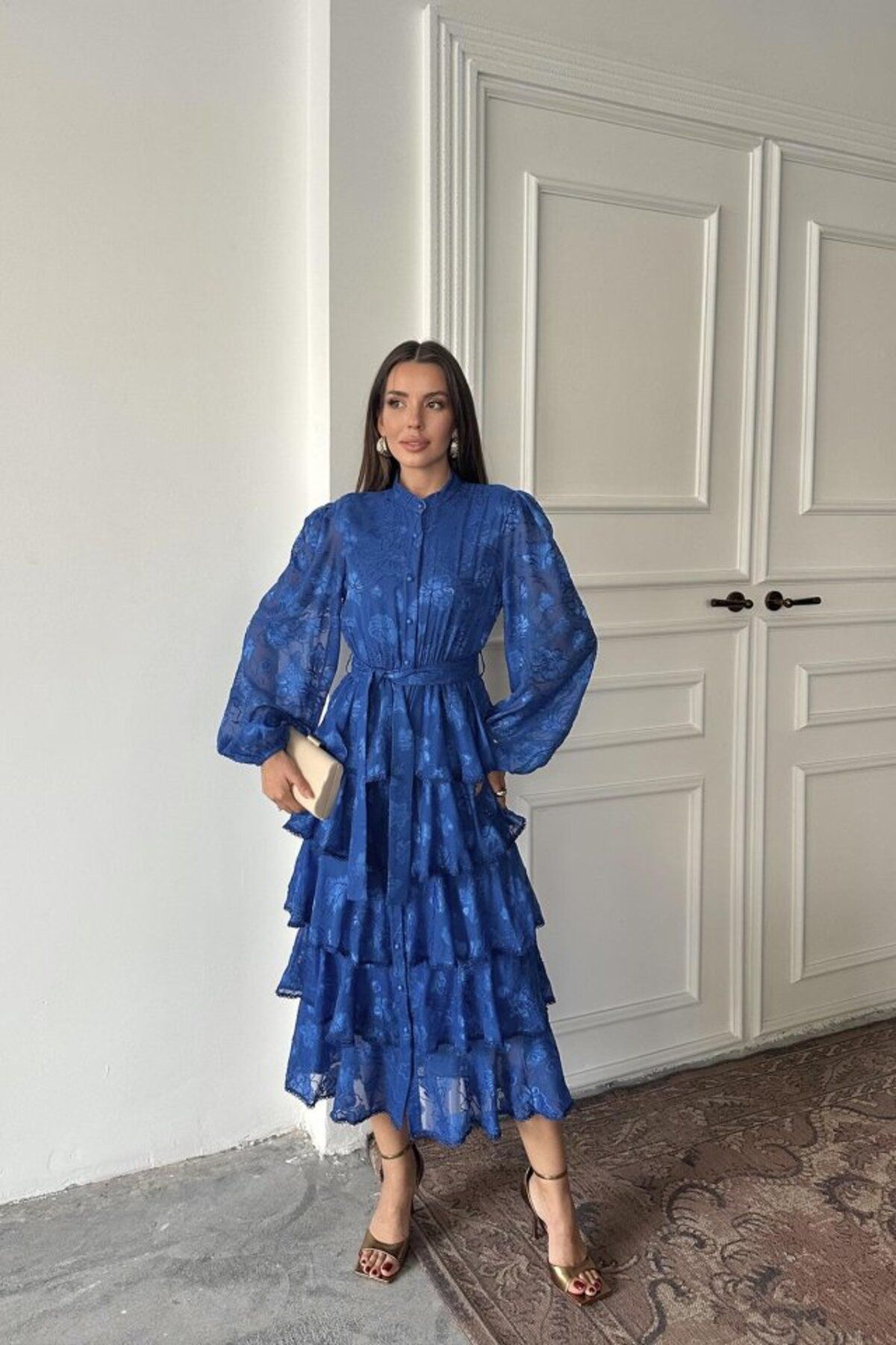 ETİLER COLLECTION Saks Valonlu Şeritli Kat Kat Elbise