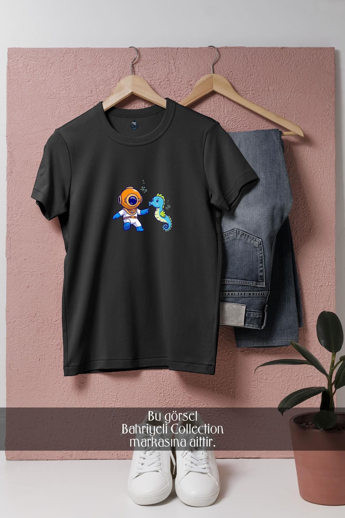 Bahriyeli Collection Oversize Denizatı Ve Mini Dalgıç Tasarımlı Unisex T-Shirt