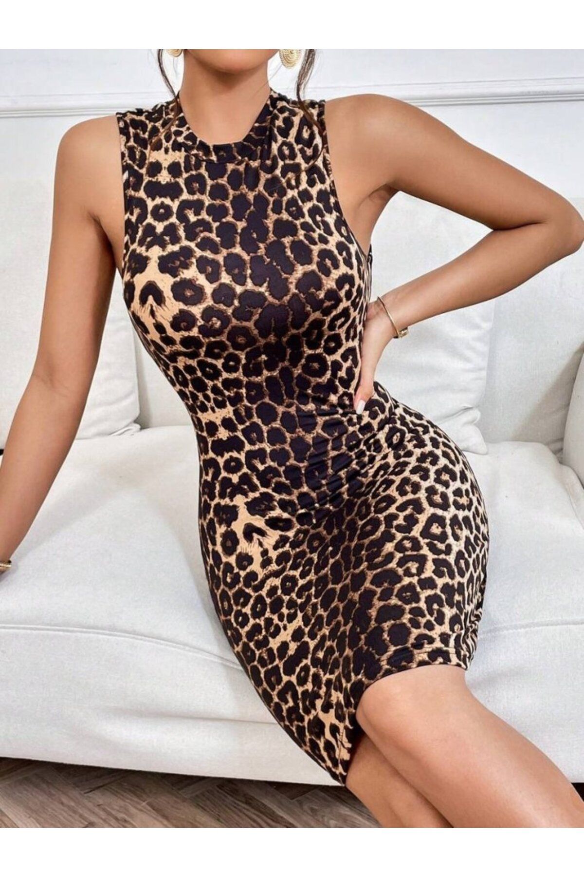 ETİLER COLLECTION Kadın Yarı Balıkçı Yaka Arkadan çapraz Detaylı Bağlamalı Leopar Kısa Dalgıç Elbise