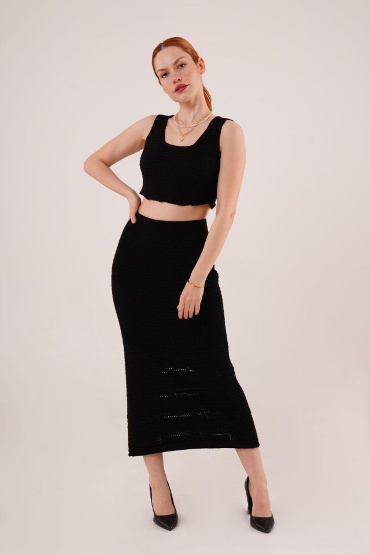 ETİLER COLLECTION Örme Detaylı Etek Ve Bluz Siyah Takım