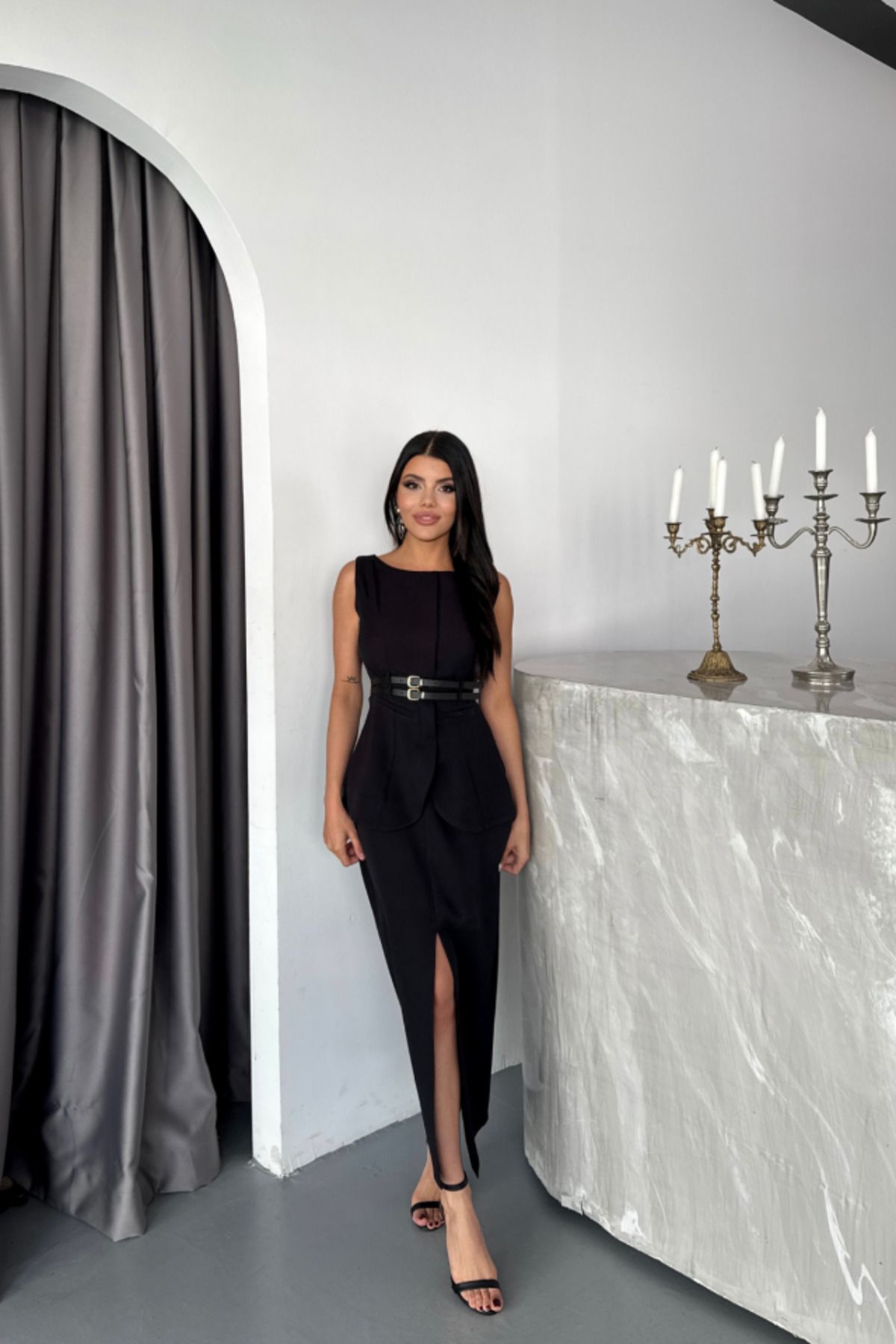 ETİLER COLLECTION CEKET-ETEK GÖRÜNÜMLÜ ELBİSEÇİFT KEMER DETAYLI - Siyah