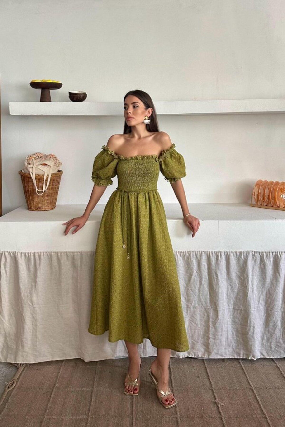 ETİLER COLLECTION Yağ Yeşili Gipeli Brode Elbise
