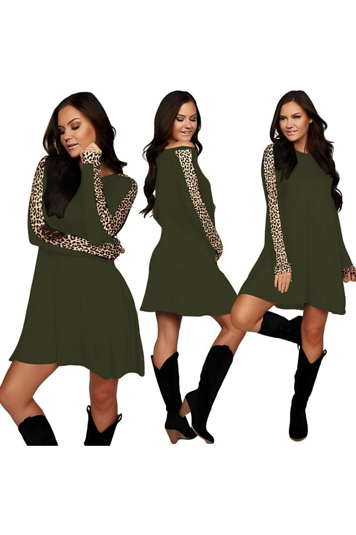 ETİLER COLLECTION Kadın Uzun Kollu Bisiklet Yaka Kollar Leopar Detay Iki Iplik Mini Boy Elbise