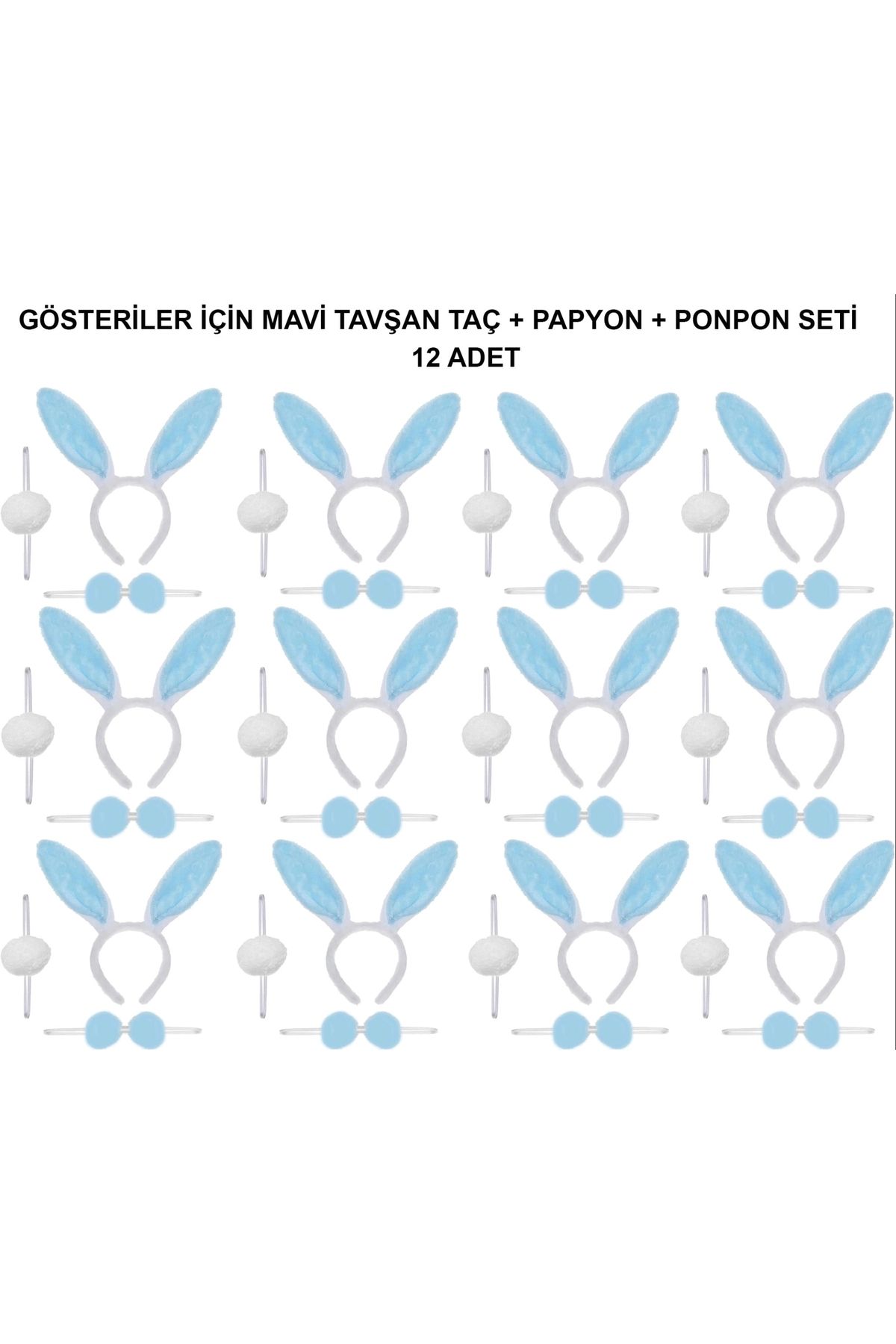 CANSA Mavi Tavşan Kostüm Seti – Taç, Papyon, Ponpon (12’li Paket)