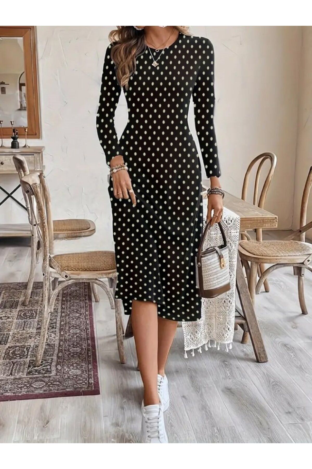 ETİLER COLLECTION Kadın Uzun Kollu Bisiklet Yaka Puantiyeli örme Krep Midi Elbise