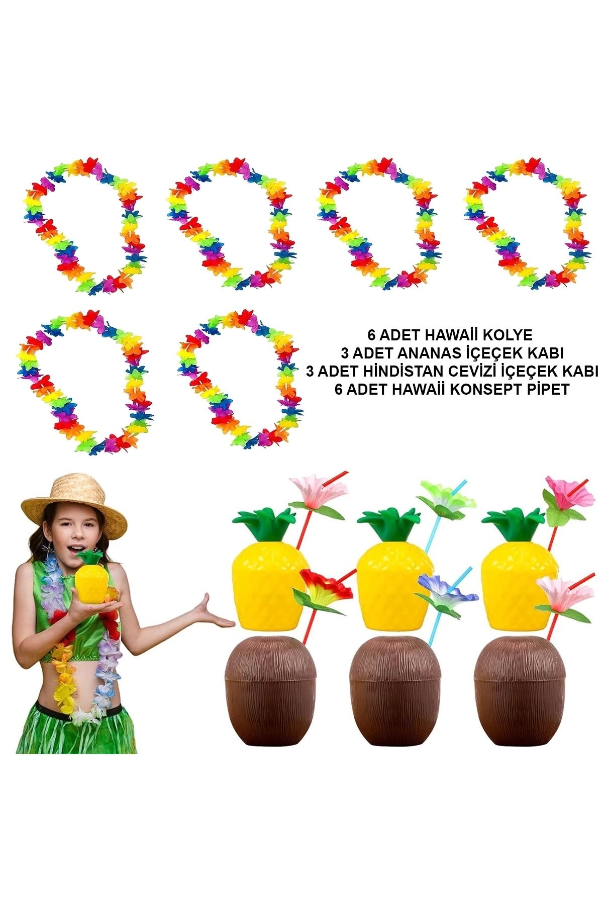 CANSA Tropikal Hawaii Parti Malzemeleri – Kolye, Pipet, Bardak Seti