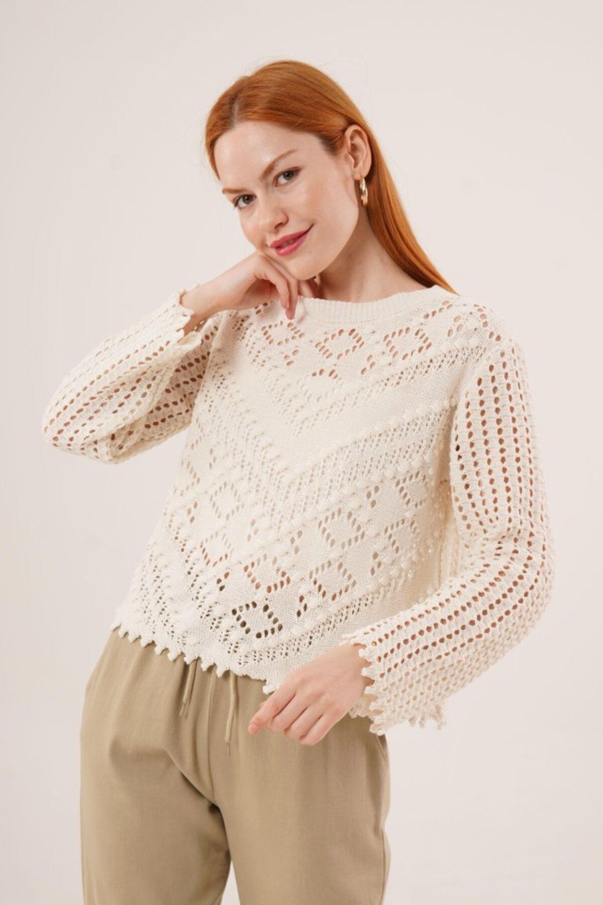 ETİLER COLLECTION Ajurlu Delikli Model Mevsimlik Krem Kazak