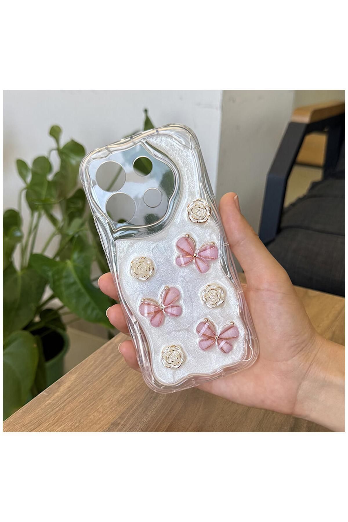 Pro Aksesuar Xiaomi Redmi Note 13 4G Uyumlu Kılıf Kelebekli Floral Silikon Kılıf Rose Gold
