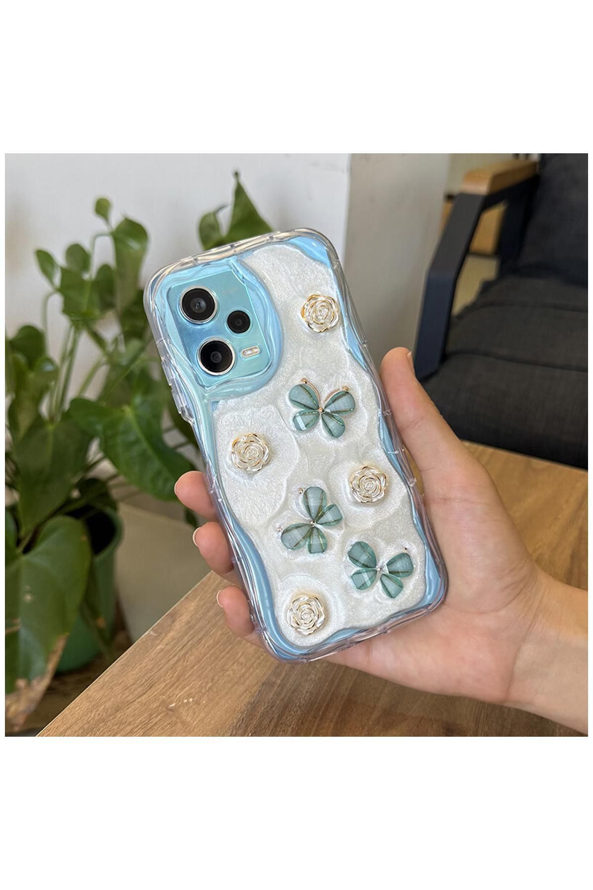 Pro Aksesuar Xiaomi Redmi Note 12 Pro 5G Uyumlu Kılıf Kelebekli Floral Silikon Kılıf Yeşil