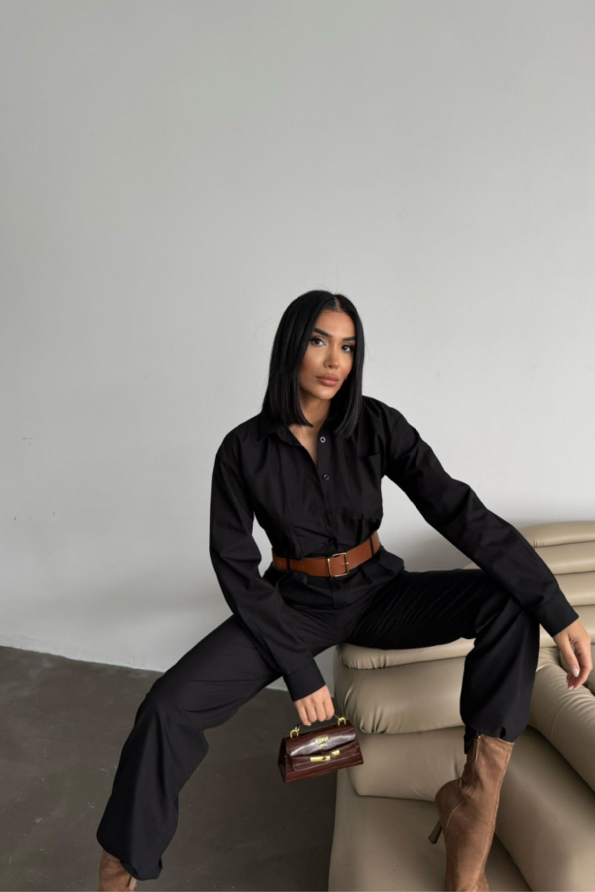 ETİLER COLLECTION TULUM KEMERLİ GÖMLEK YAKA UZUN KOL POPLİN KUMAŞ - Siyah