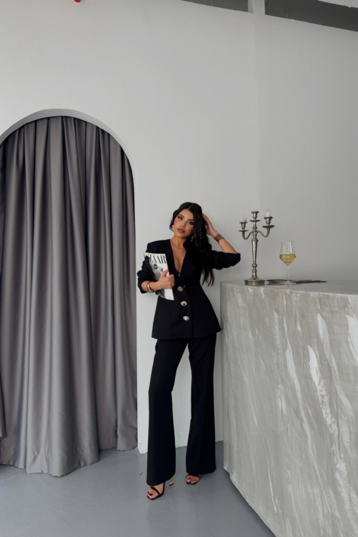 ETİLER COLLECTION TASARIM CEKET-PANTOLON TAKIM METAL DÜĞME DETAYLI - Siyah