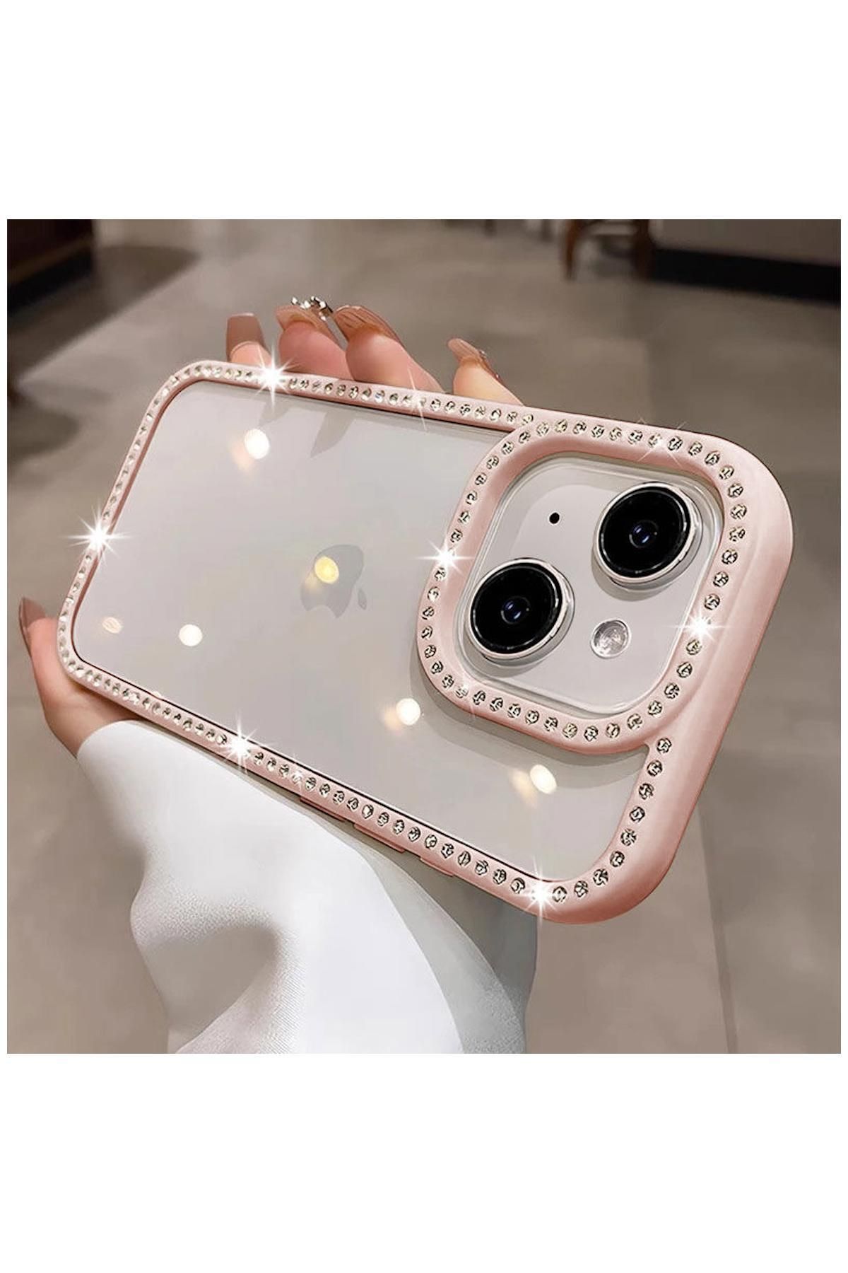 Pro Aksesuar Apple iPhone 13 Uyumlu Kılıf Parıltılı Diamond Silikon Kılıf Pembe