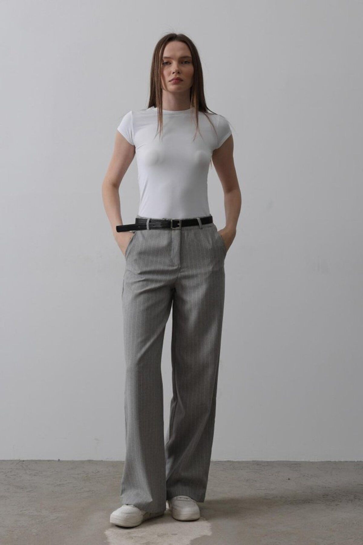 ETİLER COLLECTION Kemerli Palazzo Pantolon - Gri-Beyaz