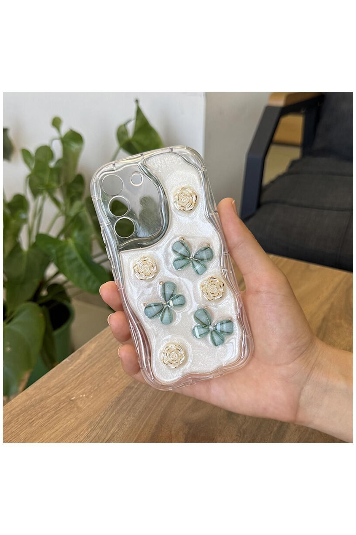 Pro Aksesuar Samsung Galaxy S21 FE 5G Uyumlu Kılıf Kelebekli Floral Silikon Kılıf Yeşil