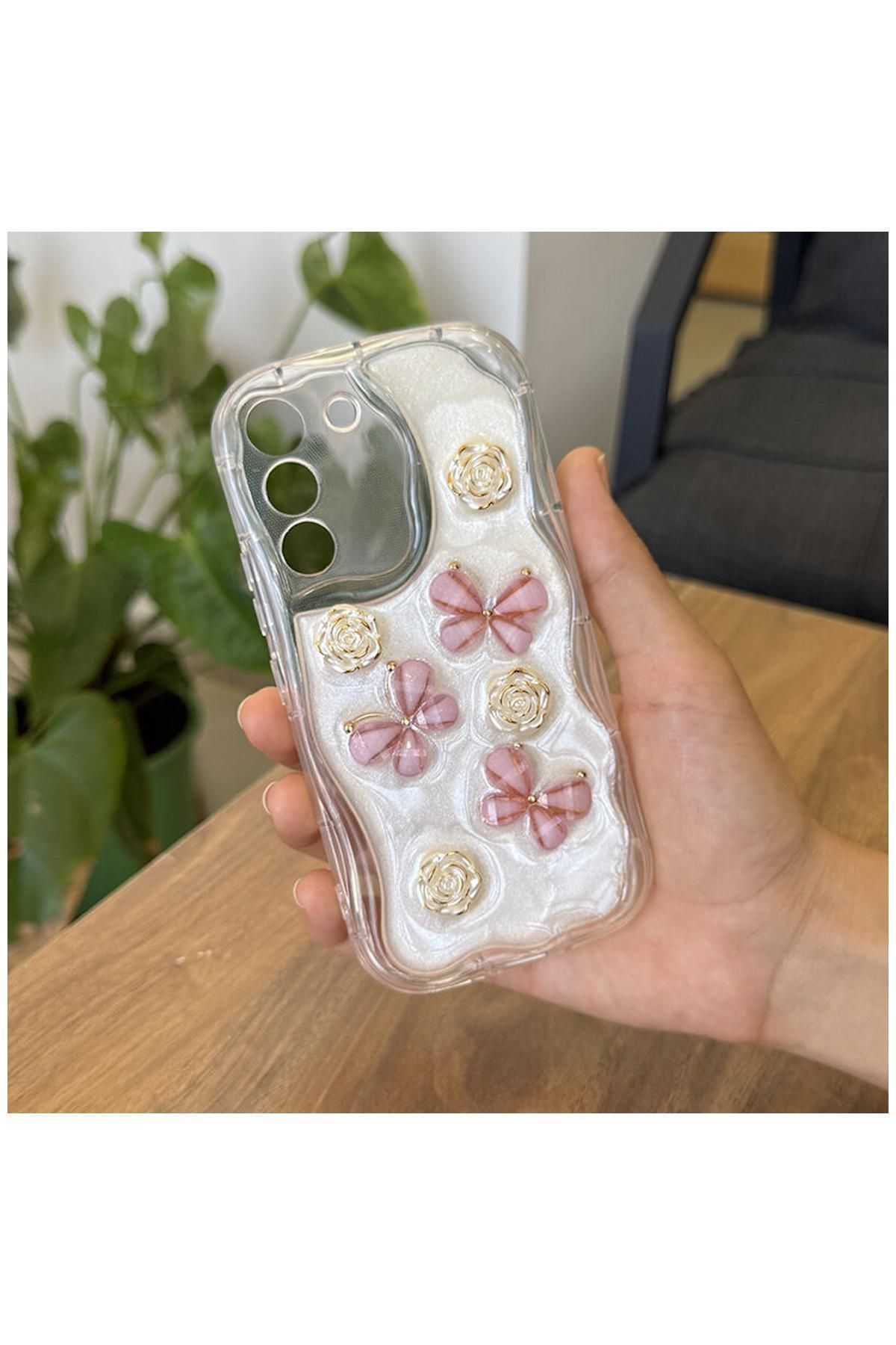 Pro Aksesuar Samsung Galaxy S21 FE 5G Uyumlu Kılıf Kelebekli Floral Silikon Kılıf Rose Gold