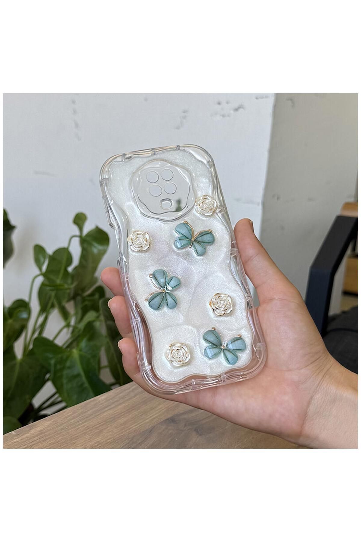 Pro Aksesuar Xiaomi Redmi Note 9 Pro Uyumlu Kılıf Kelebekli Floral Silikon Kılıf Yeşil