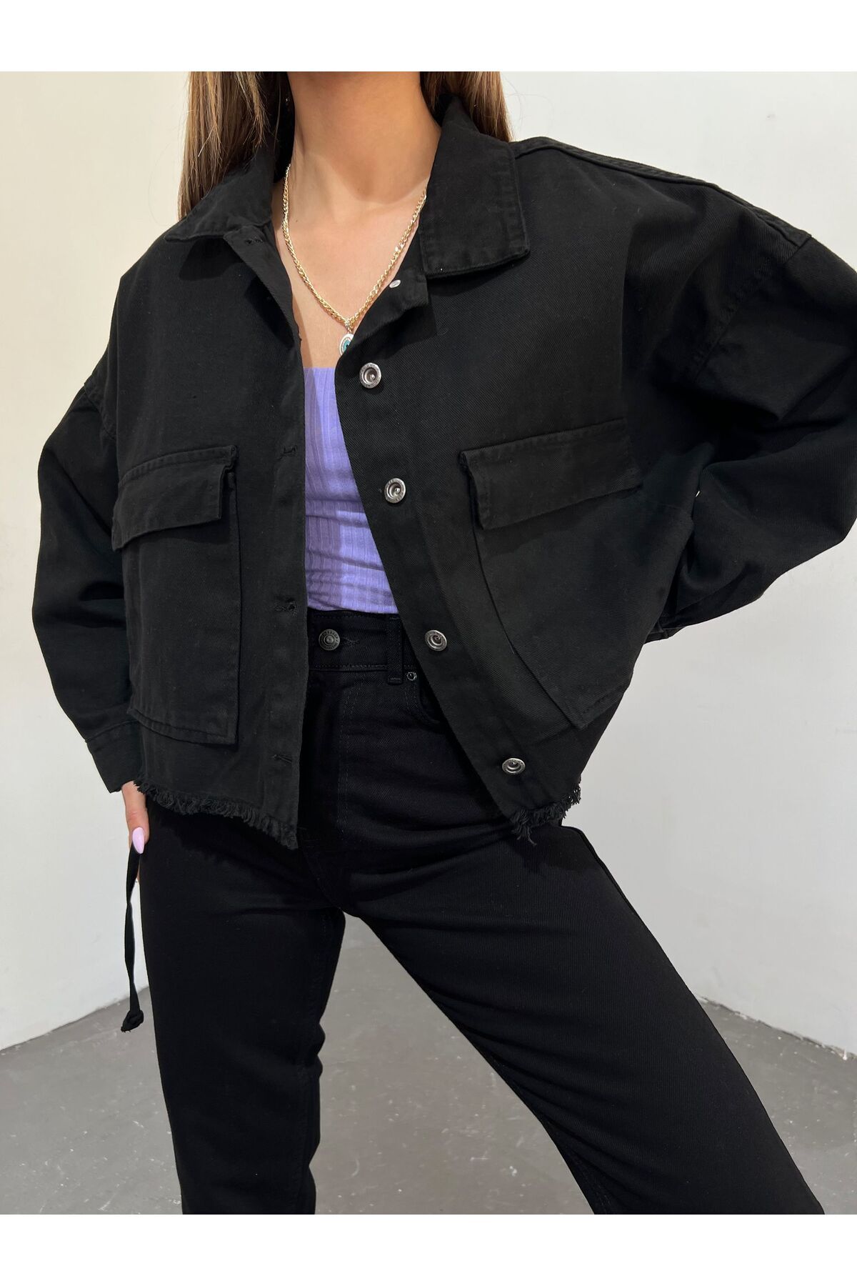 BEEMU Geniş Cepli Oversize Püsküllü Denim Ceket