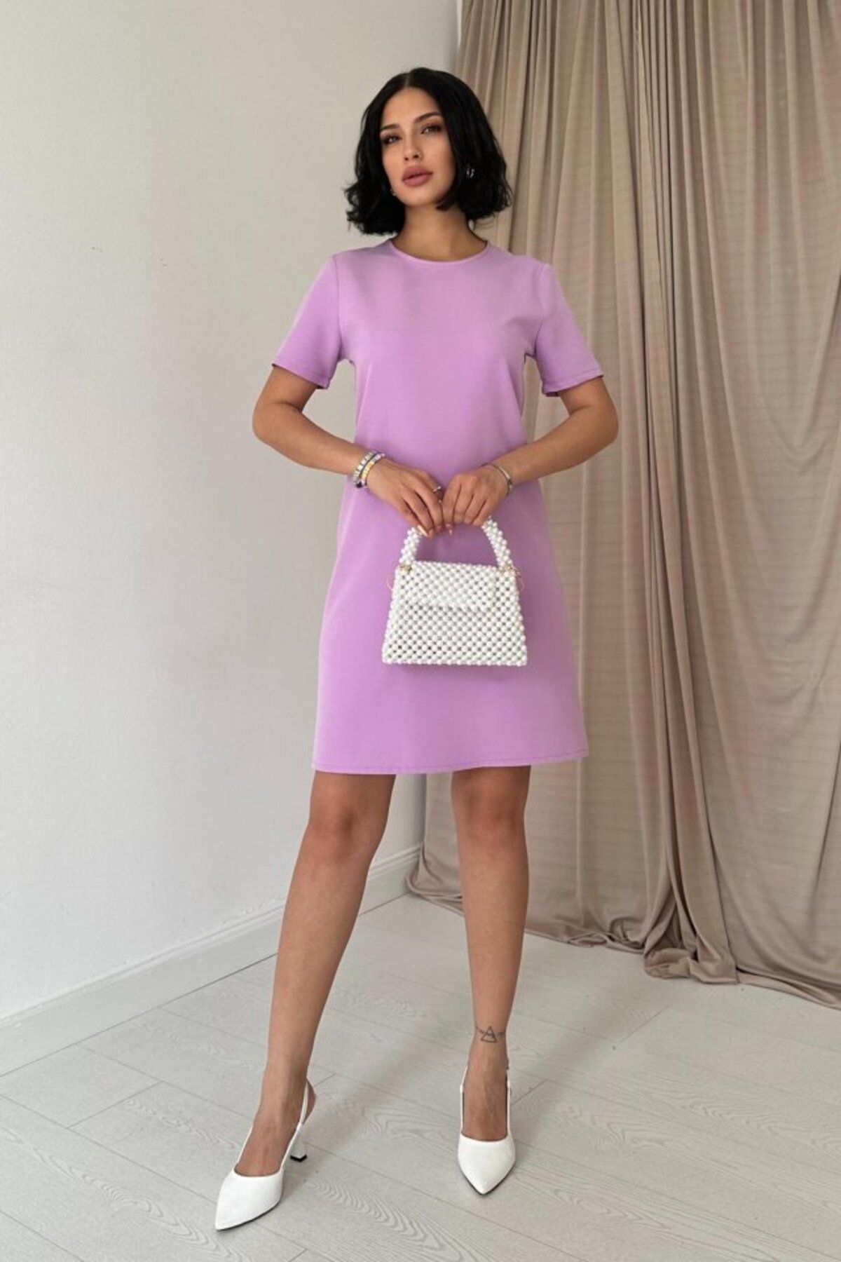 ETİLER COLLECTION Lila Kısa Kol Atlas Mini Elbise