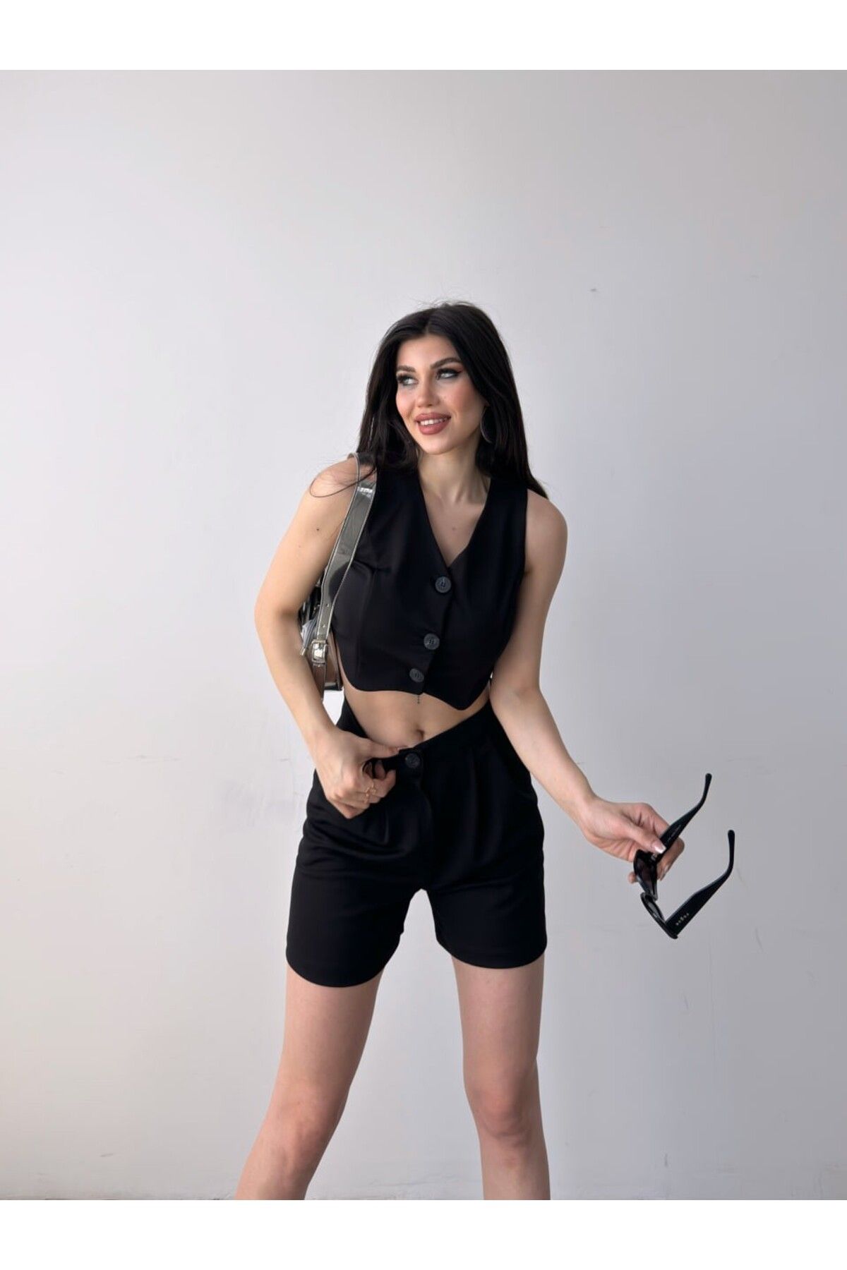 BEEMU Önü Düğmeli Crop Yelek Ve Şort İkili Takım