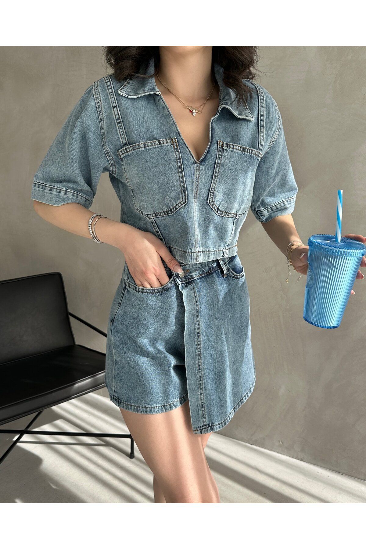 BEEMU Denim Bluz Ve Etek 2\'Li Takım