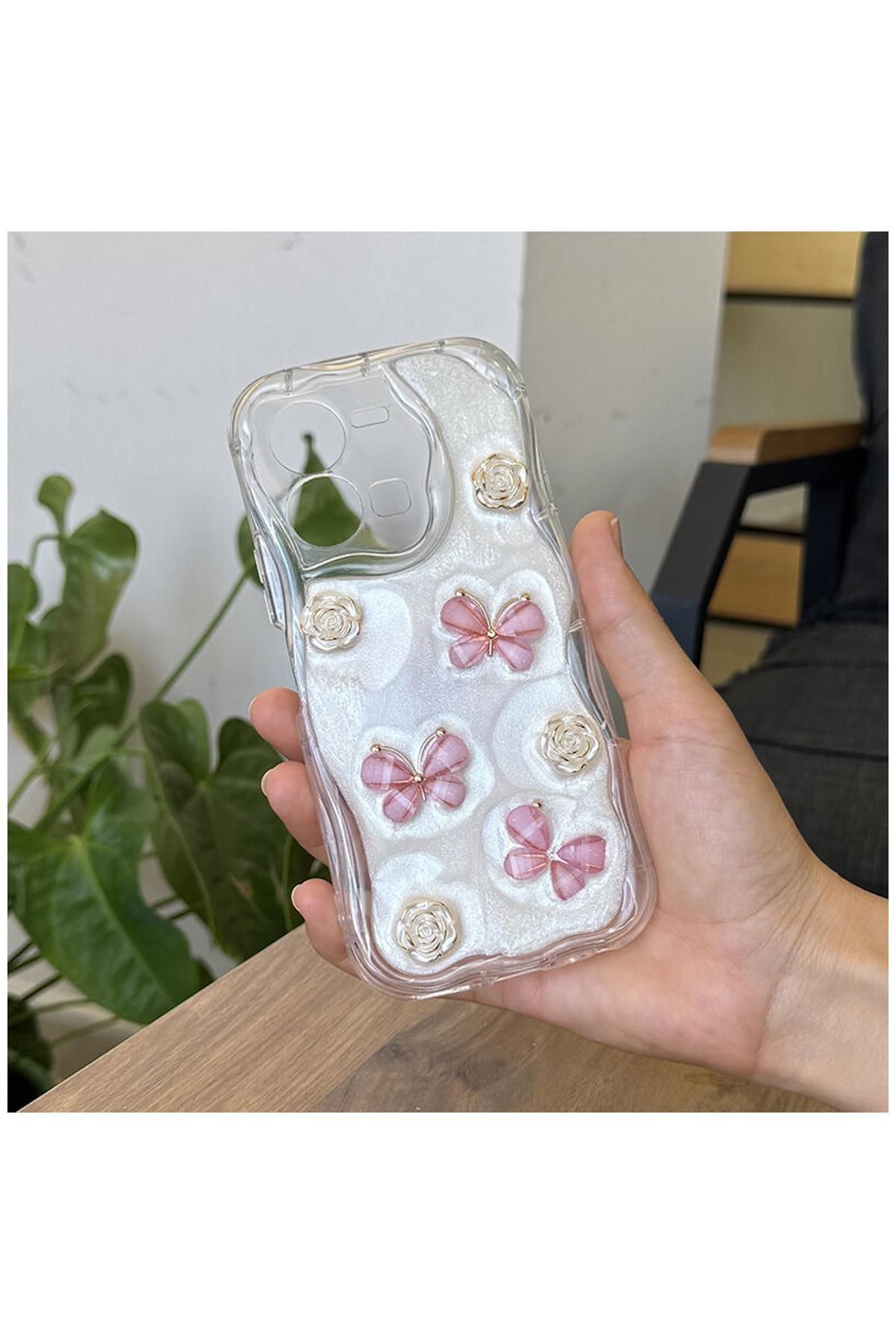 Pro Aksesuar Vivo Y35 Uyumlu Kılıf Kelebekli Floral Silikon Kılıf Rose Gold