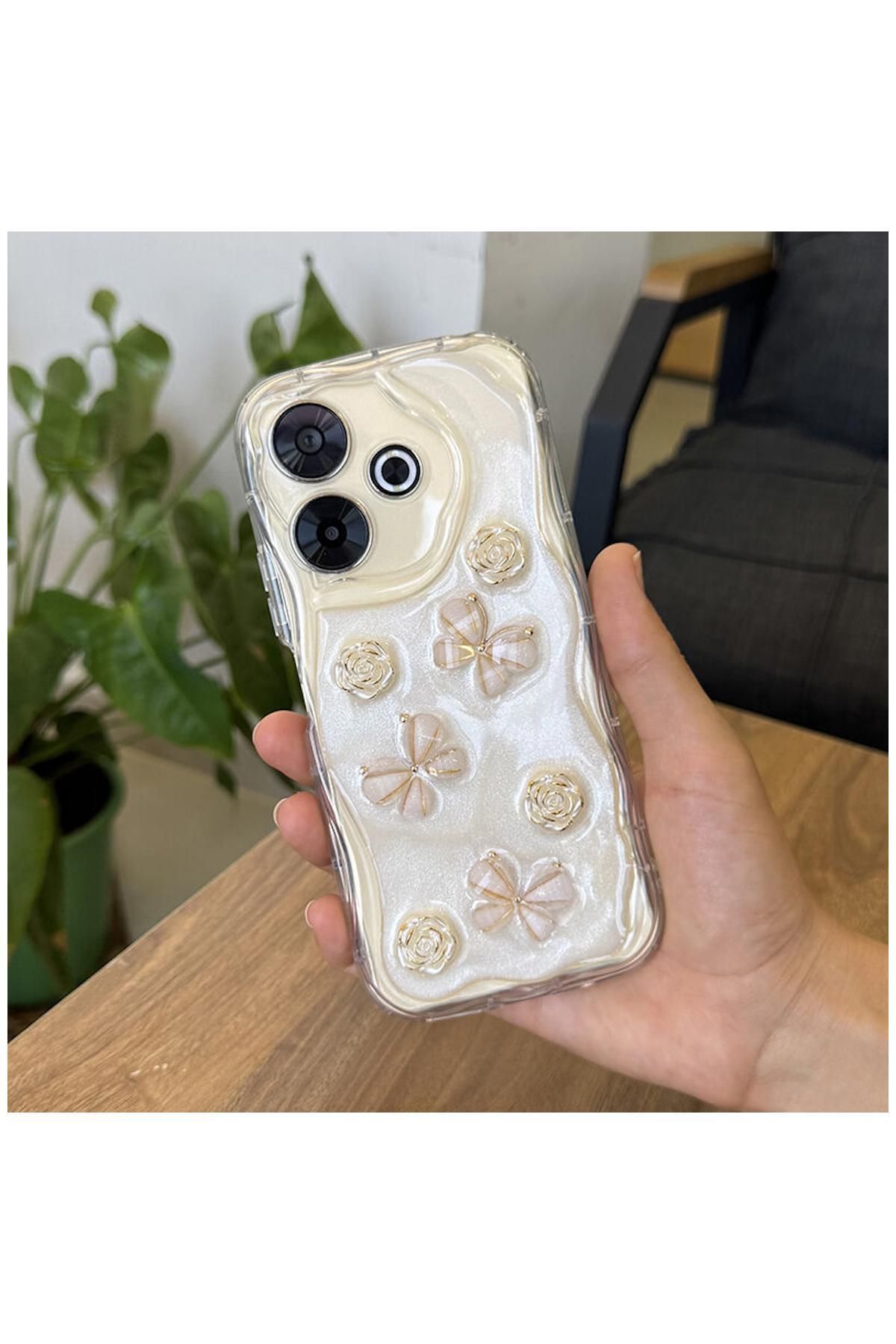 Pro Aksesuar Xiaomi Redmi 13 Uyumlu Kılıf Kelebekli Floral Silikon Kılıf Gold