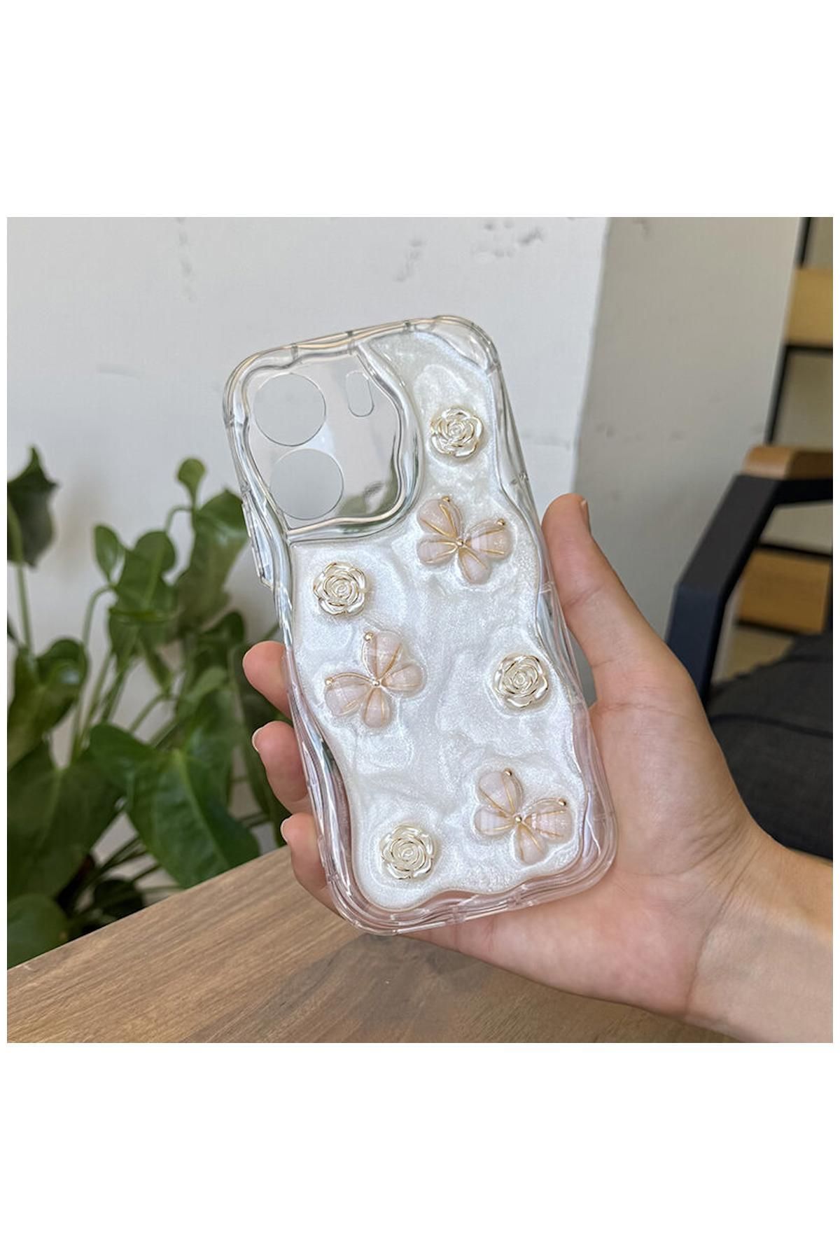 Pro Aksesuar Vivo Y16 Uyumlu Kılıf Kelebekli Floral Silikon Kılıf Gold