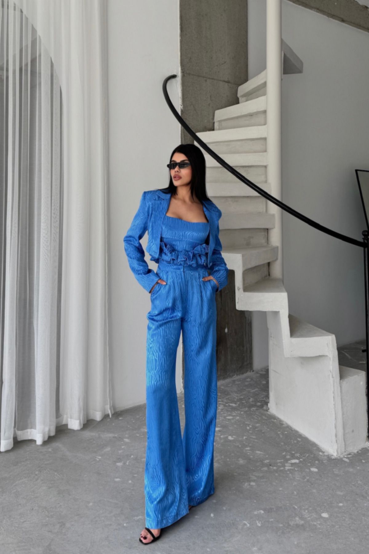 ETİLER COLLECTION JAKARLI BLUZU TASARIM DETAYLI CEKET-PANTOLON-BLUZ 3 LÜ TAKIM - Mavi