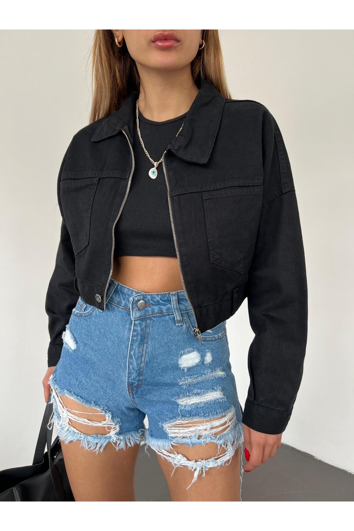 BEEMU Fermuarlı Çift Cepli Denim Ceket