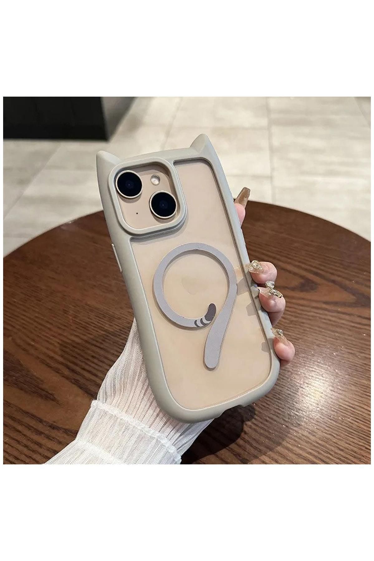 Pro Aksesuar Apple iPhone 13 Uyumlu Kılıf Kedi Kulaklı Silikon Kılıf (Kablosuz Şaj Destekli) Gri