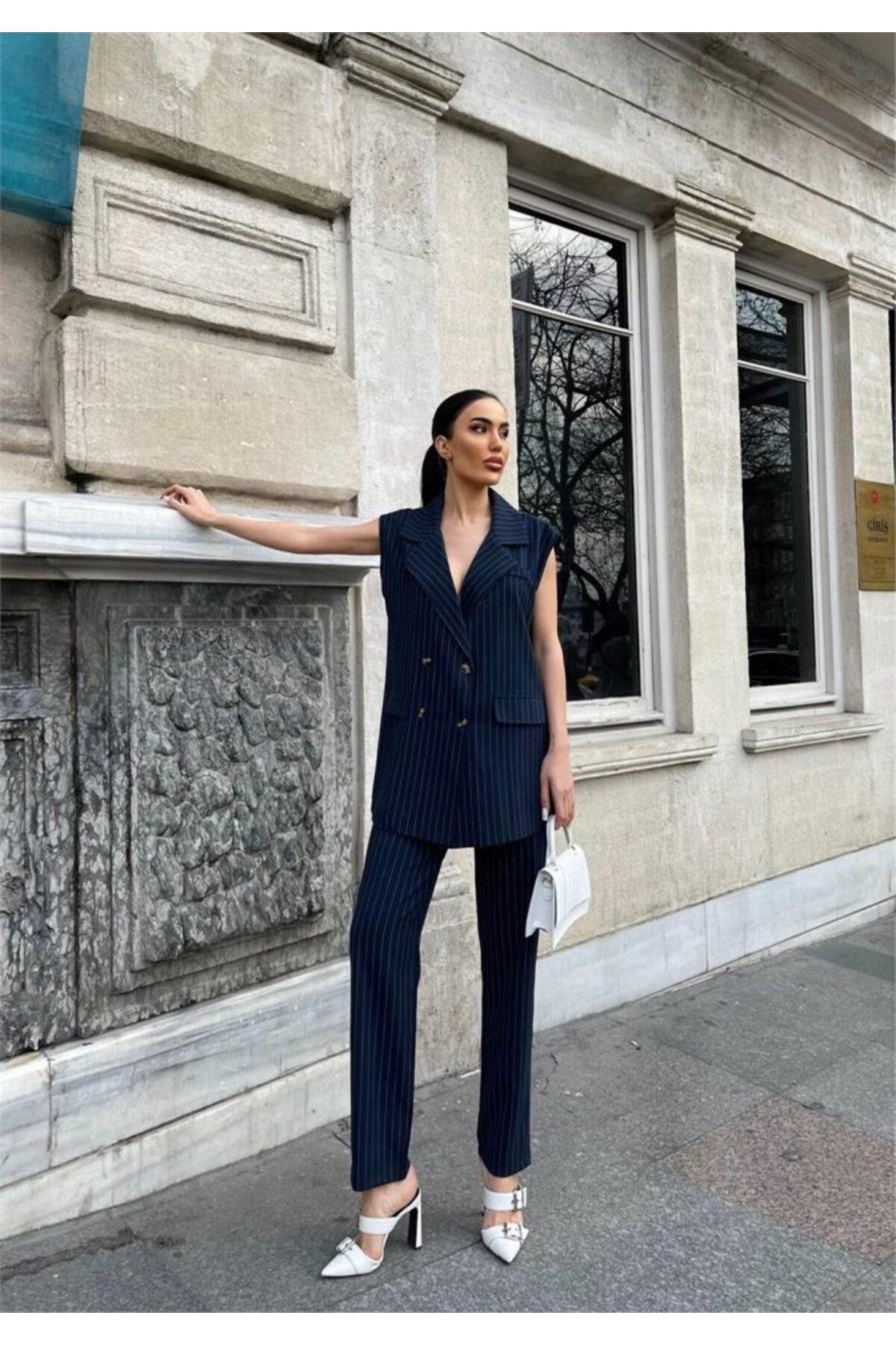 ETİLER COLLECTION ÇİZGİLİ UZUN YELEK - PANTOLON TAKIM POLVİSCON - Lacivert