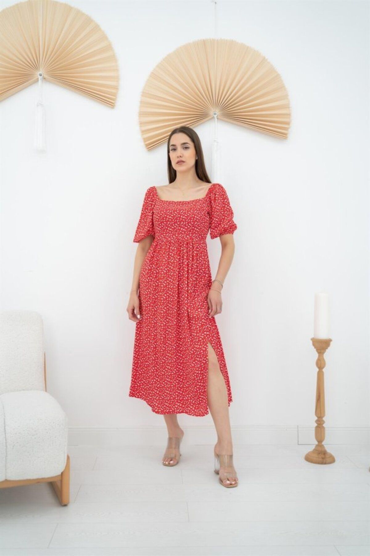 ETİLER COLLECTION Kırmızı Çiçek Desenli Elbise